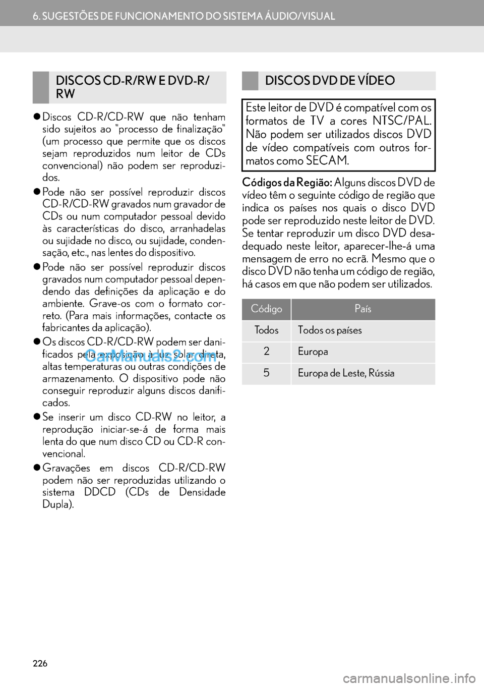 Lexus GS350 2017  Manual de navegação (in Portuguese) 226
6. SUGESTÕES DE FUNCIONAMENTO DO SISTEMA ÁUDIO/VISUAL
�zDiscos CD-R/CD-RW que não tenham
sido sujeitos ao "processo de finalização"
(um processo que permite que os discos
sejam reproduzidos n