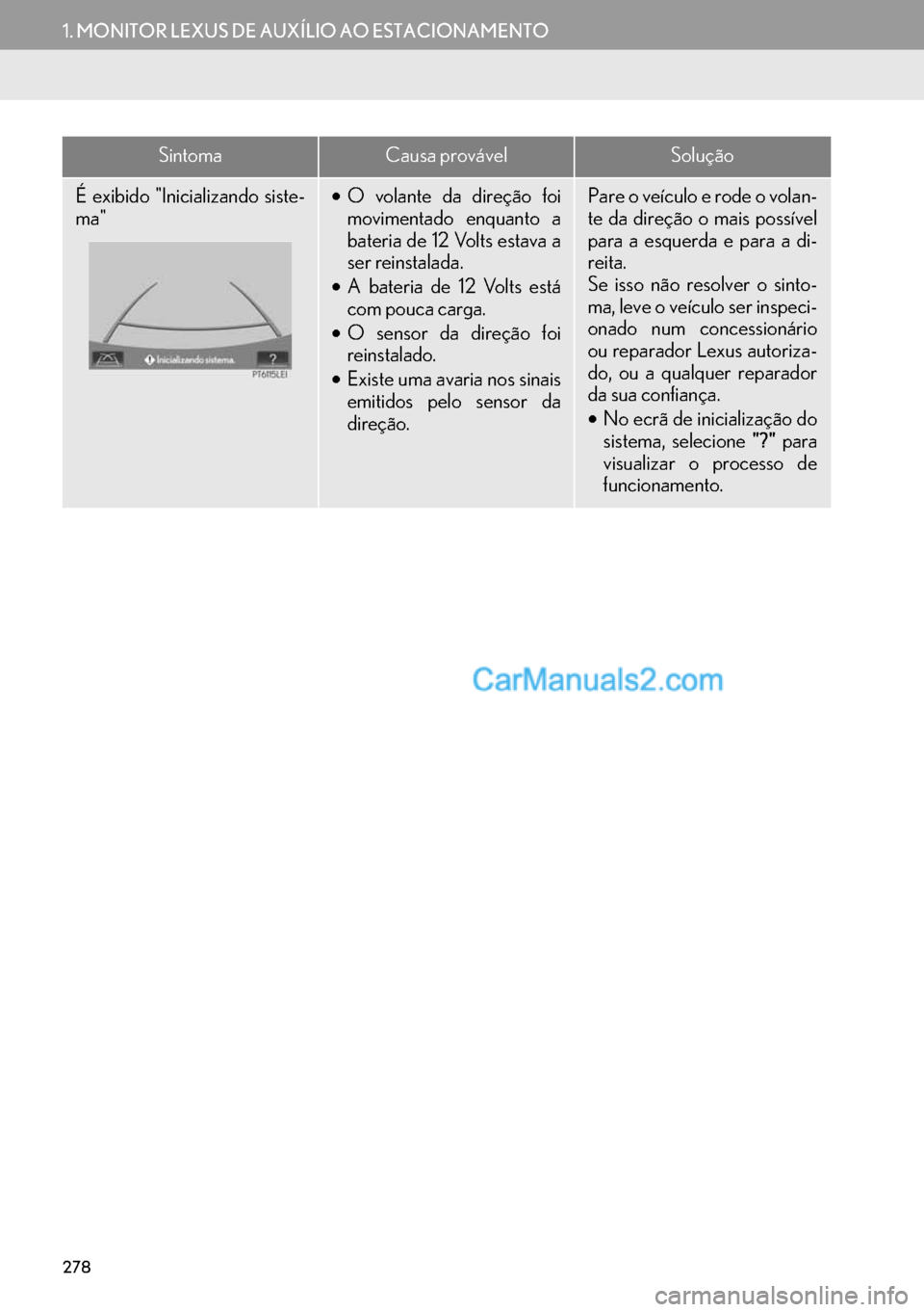 Lexus GS350 2017  Manual de navegação (in Portuguese) 278
1. MONITOR LEXUS DE AUXÍLIO AO ESTACIONAMENTO
É exibido "Inicializando siste-
ma"•O volante da direção foi
movimentado enquanto a
bateria de 12 Volts estava a
ser reinstalada.
•A bateria d