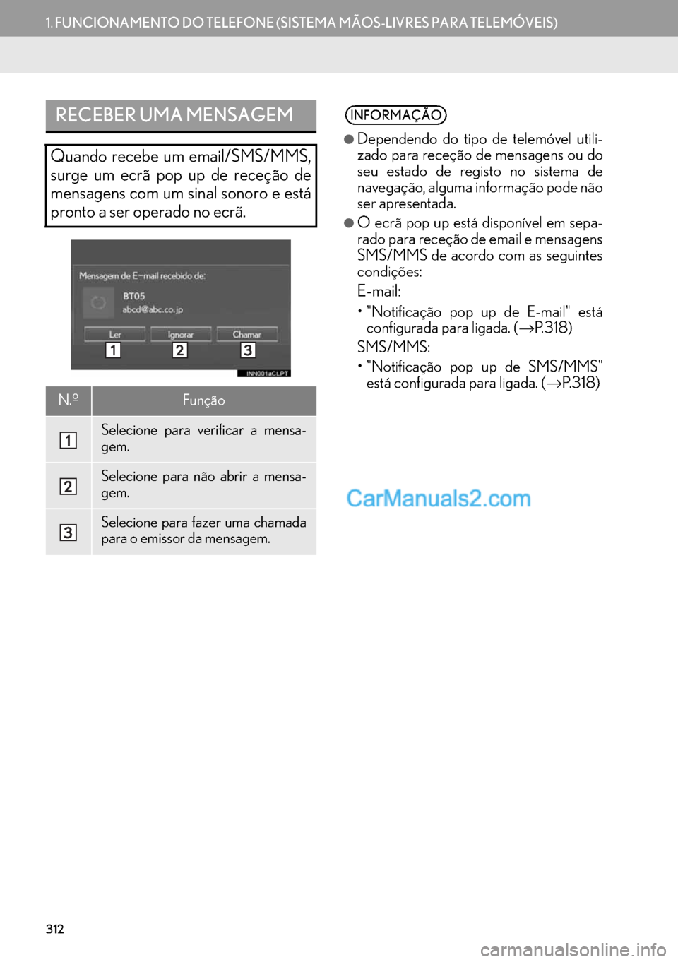 Lexus GS350 2017  Manual de navegação (in Portuguese) 312
1.FUNCIONAMENTO DO TELEFONE (SISTEMA MÃOS-LIVRES PARA TELEMÓVEIS)
RECEBER UMA MENSAGEM
Quando recebe um email/SMS/MMS,
surge um ecrã pop up de receção de
mensagens com um sinal sonoro e está