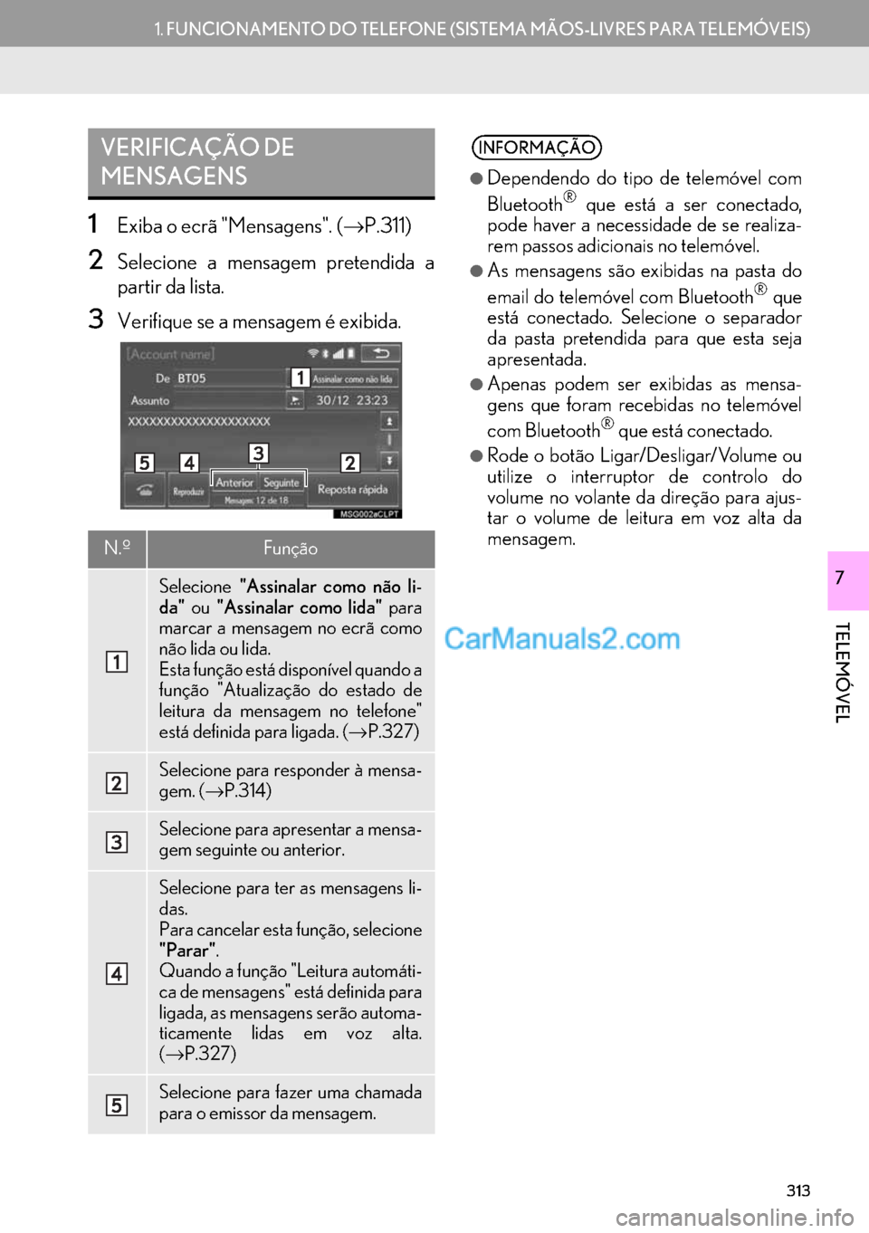 Lexus GS350 2017  Manual de navegação (in Portuguese) 313
1.FUNCIONAMENTO DO TELEFONE (SISTEMA MÃOS-LIVRES PARA TELEMÓVEIS)
TELEMÓVEL
7
1Exiba o ecrã "Mensagens". (→P.311)
2Selecione a mensagem pretendida a
partir da lista.
3Verifique se a mensagem