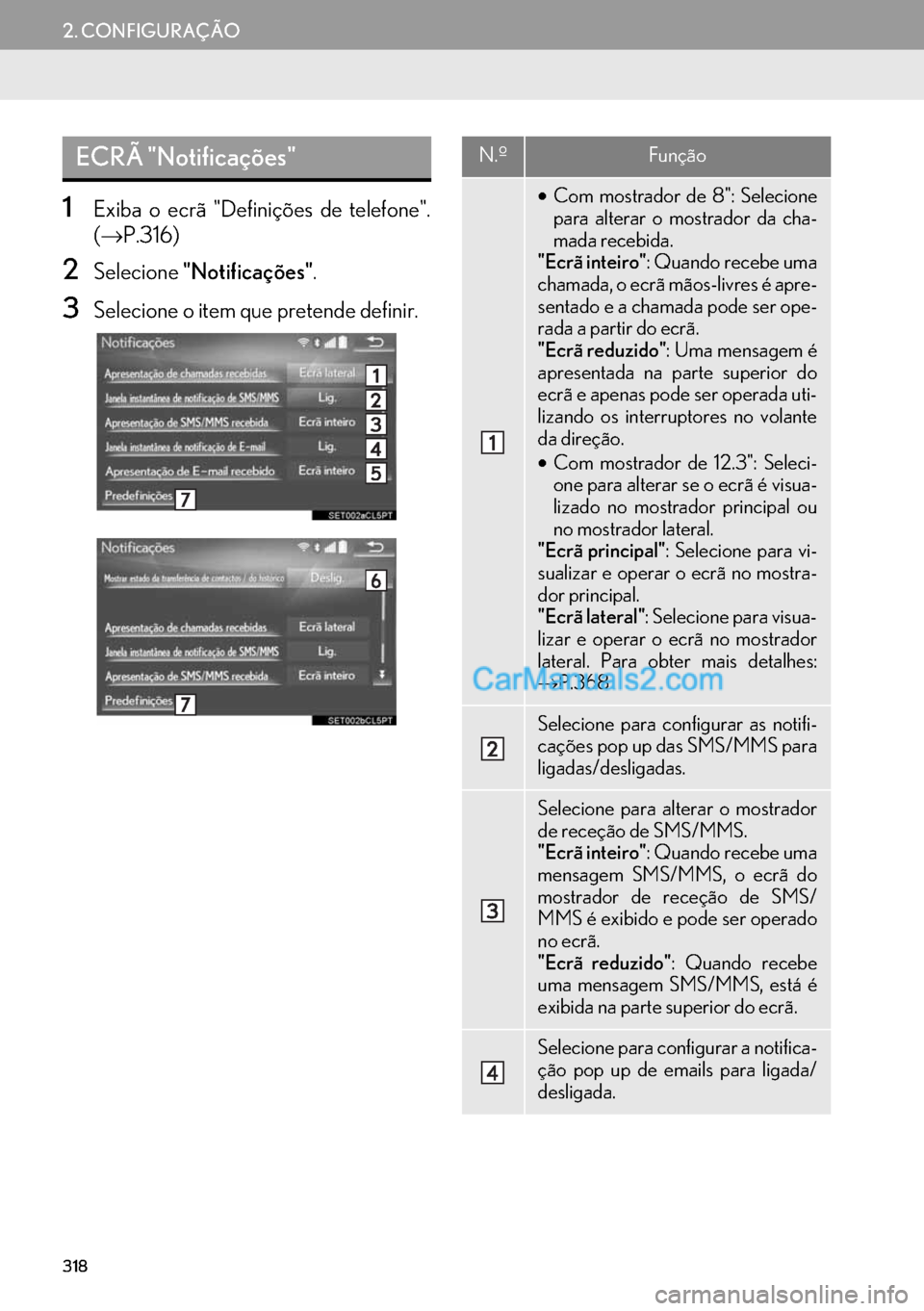 Lexus GS350 2017  Manual de navegação (in Portuguese) 318
2. CONFIGURAÇÃO
1Exiba o ecrã "Definições de telefone".
(→P.316)
2Selecione"Notificações".
3Selecione o item que pretende definir.
ECRÃ "Notificações"N.ºFunção
•Com mostrador de 8
