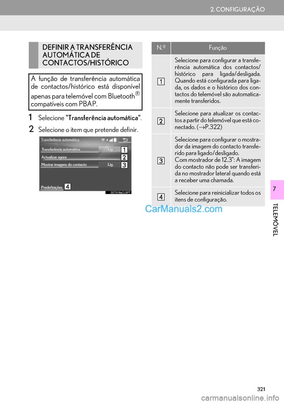 Lexus GS350 2017  Manual de navegação (in Portuguese) 321
2. CONFIGURAÇÃO
TELEMÓVEL
7
1Selecione"Transferência automática".
2Selecione o item que pretende definir.
DEFINIR A TRANSFERÊNCIA 
AUTOMÁTICA DE 
CONTACTOS/HISTÓRICO
A função de transfer