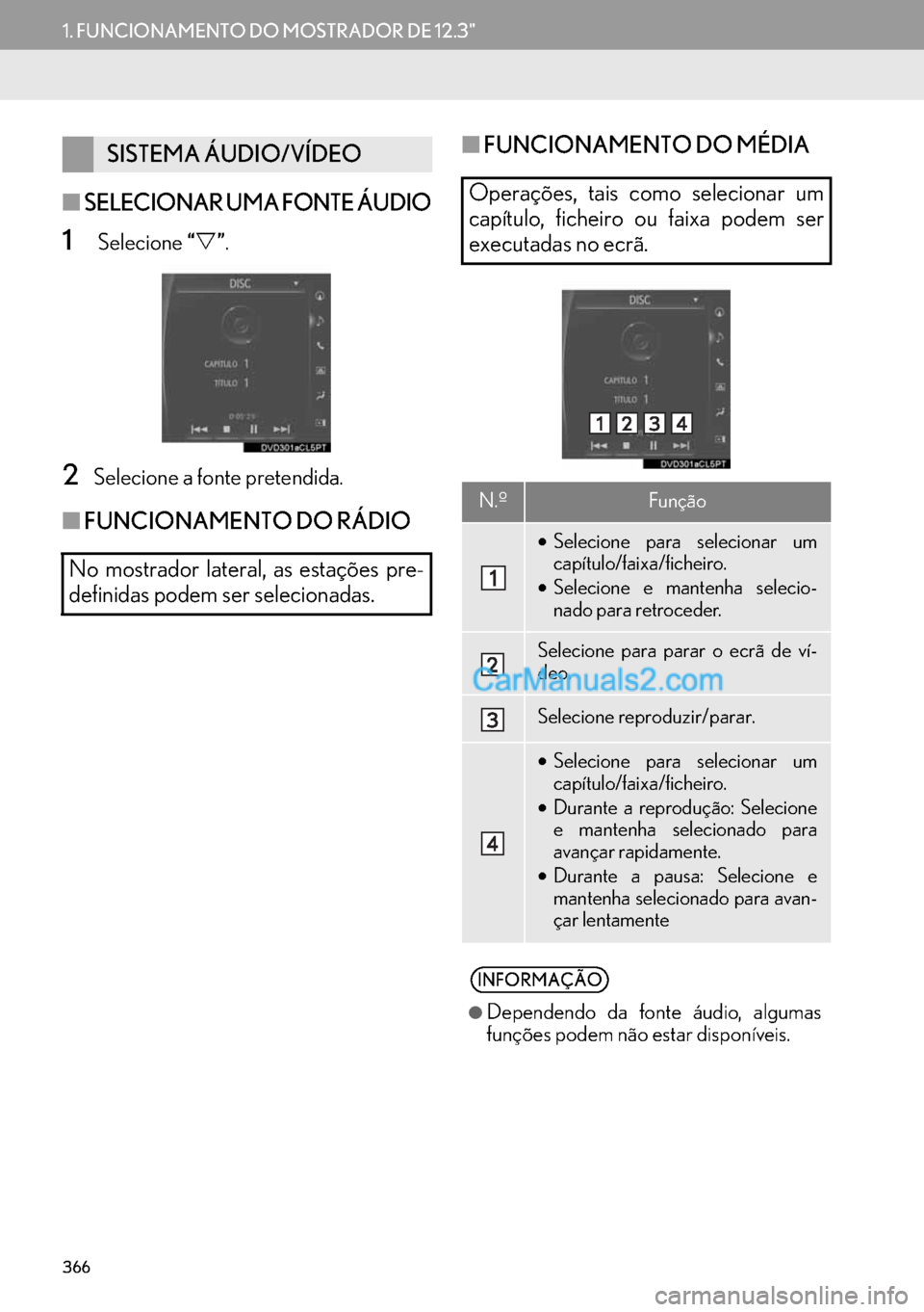 Lexus GS350 2017  Manual de navegação (in Portuguese) 366
1. FUNCIONAMENTO DO MOSTRADOR DE 12.3"
■SELECIONAR UMA FONTE ÁUDIO
1 Selecione “�V”.
2Selecione a fonte pretendida.
■FUNCIONAMENTO DO RÁDIO■FUNCIONAMENTO DO MÉDIA
SISTEMA ÁUDIO/VÍDE