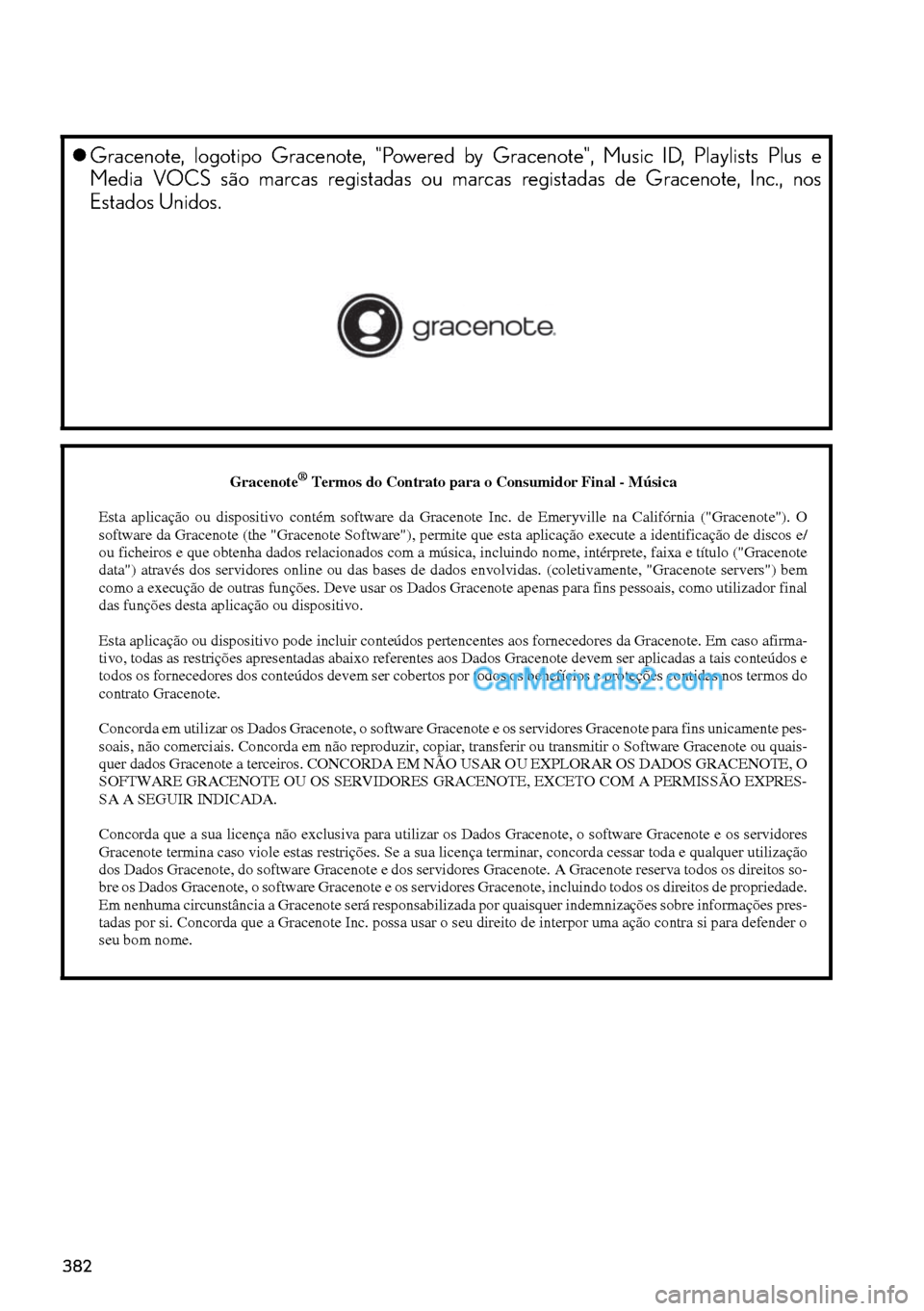 Lexus GS350 2017  Manual de navegação (in Portuguese) 382
�zGracenote, logotipo Gracenote, "Powered by Gracenote", Music ID, Playlists Plus e
Media VOCS são marcas registadas ou marcas registadas de Gracenote, Inc., nos
Estados Unidos.
Gracenote® Termo