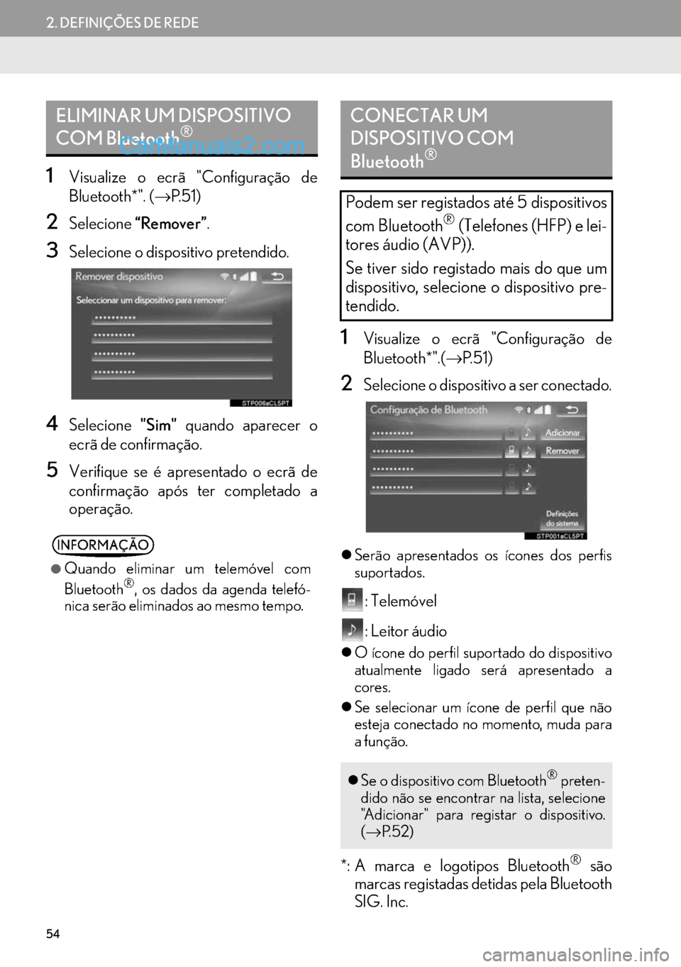Lexus GS350 2017  Manual de navegação (in Portuguese) 54
2. DEFINIÇÕES DE REDE
1Visualize o ecrã "Configuração de
Bluetooth*". (→P. 5 1 )
2Selecione“Remover”.
3Selecione o dispositivo pretendido.
4Selecione"Sim" quando aparecer o
ecrã de conf