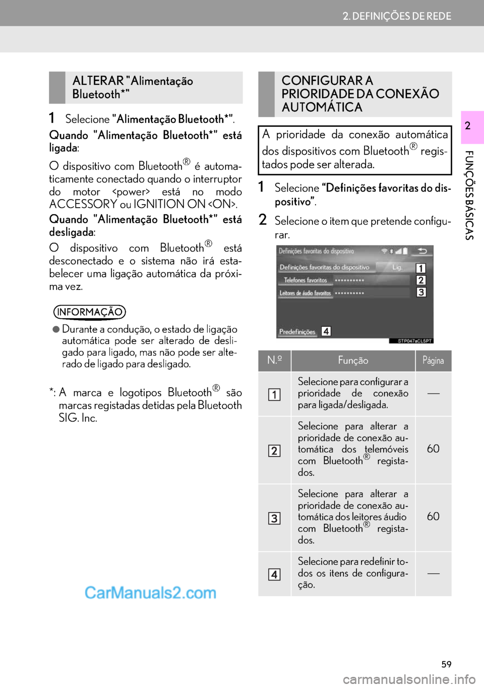 Lexus GS350 2017  Manual de navegação (in Portuguese) 59
2. DEFINIÇÕES DE REDE
FUNÇÕES BÁSICAS
21Selecione"Alimentação Bluetooth*".
Quando "Alimentação Bluetooth*" está
ligada:
O dispositivo com Bluetooth
® é automa-
ticamente conectado quand