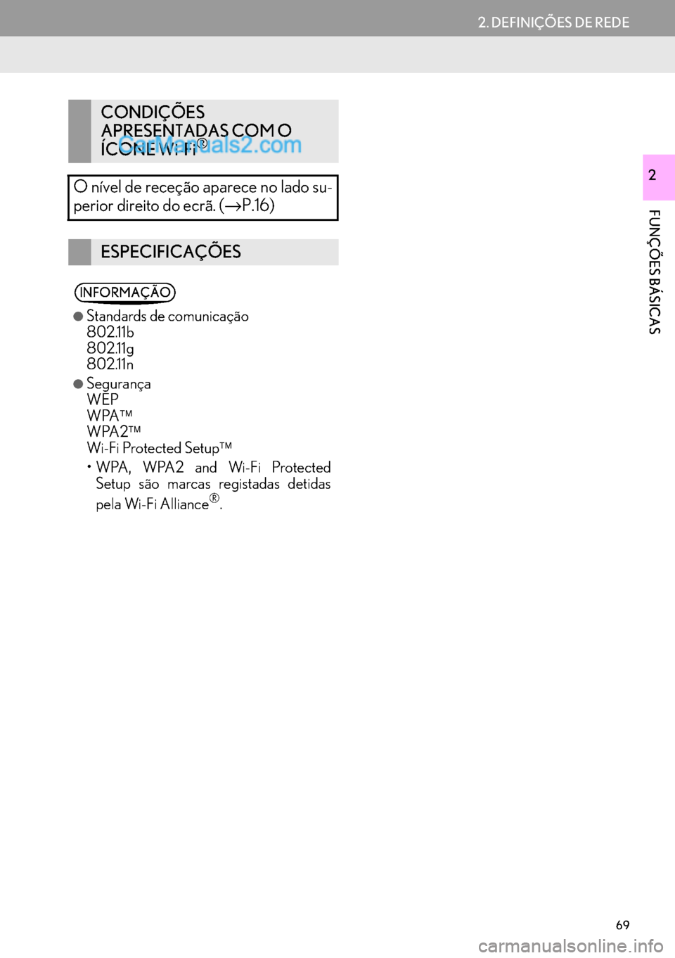 Lexus GS350 2017  Manual de navegação (in Portuguese) 69
2. DEFINIÇÕES DE REDE
FUNÇÕES BÁSICAS
2
CONDIÇÕES
APRESENTADAS COM O 
ÍCONE Wi-Fi
®
O nível de receção aparece no lado su-
perior direito do ecrã. (→P.16)
ESPECIFICAÇÕES
INFORMAÇ