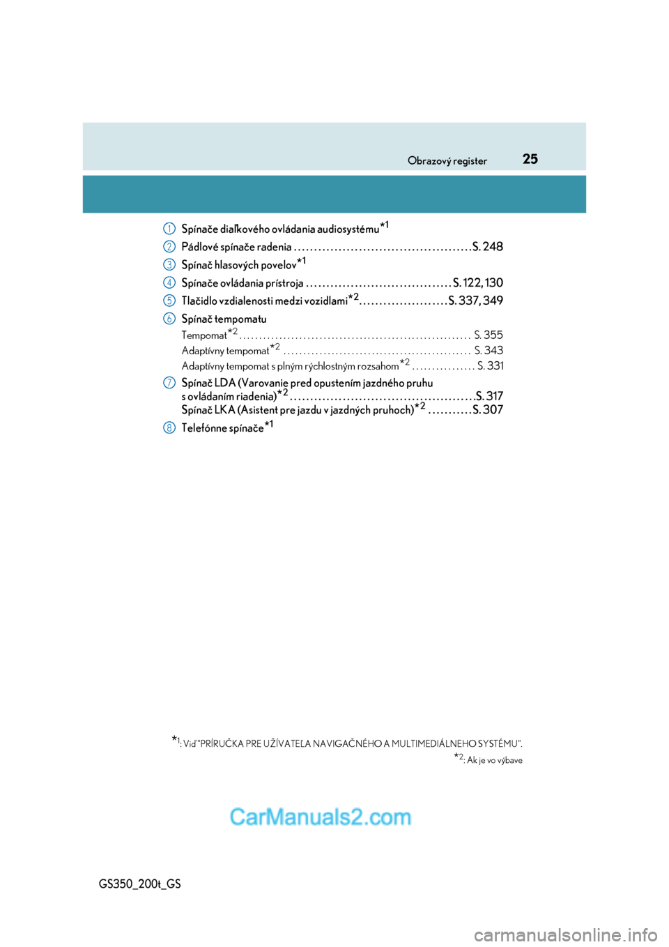 Lexus GS350 2017  Užívateľská príručka (in Slovak) 25Obrazový register
GS350_200t_GS
Spínače diaľkového ovládania audiosystému*1
Pádlové spínače radenia . . . . . . . . . . . . . . . . . . . . . . . . . . . . . . . . . . . . . . . . . . . .
