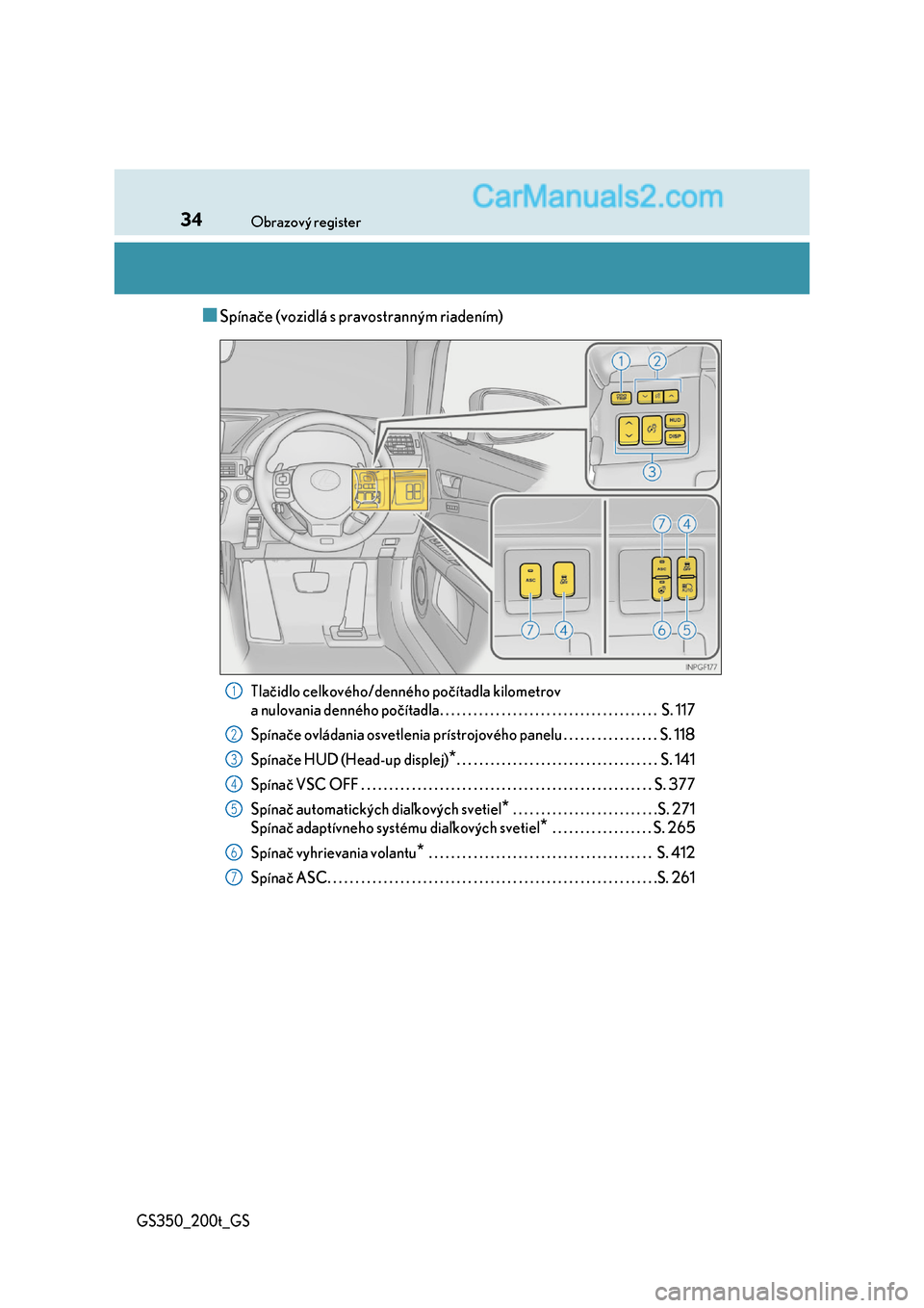 Lexus GS350 2017  Užívateľská príručka (in Slovak) 34Obrazový register
GS350_200t_GS
■Spínače (vozidlá s pravostranným riadením)
Tlačidlo celkového/denného počítadla kilometrov  
a nulovania denného počítadla. . . . . . . . . . . . . .