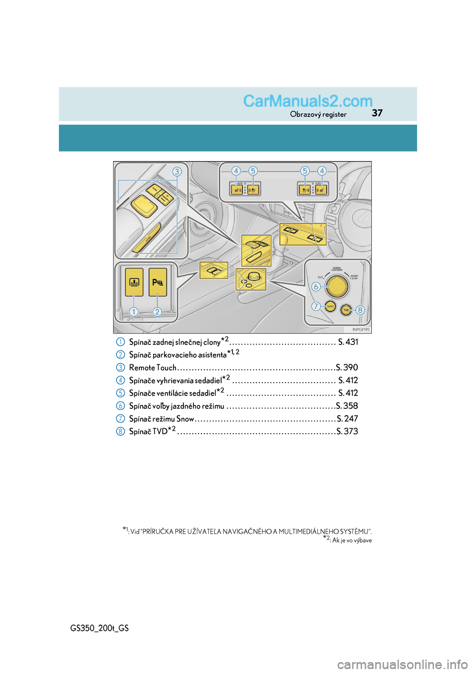Lexus GS350 2017  Užívateľská príručka (in Slovak) 37Obrazový register
GS350_200t_GS
Spínač zadnej slnečnej clony*2. . . . . . . . . . . . . . . . . . . . . . . . . . . . . . . . . . . . .  S. 431 
Spínač parkovacieho asistenta*1, 2
Remote Touch