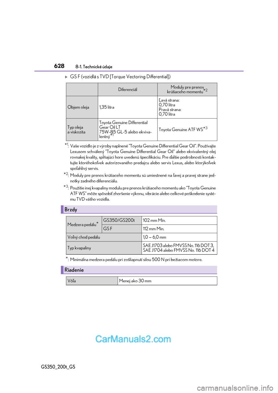 Lexus GS350 2017  Užívateľská príručka (in Slovak) 6288-1. Technické údaje
GS350_200t_GS
GS F (vozidlá s TVD [Torque Vectoring Differential])
*1: Vaše vozidlo je z výroby naplnené "Toyota Genuine Differential Gear Oil". Používajte
Lexusom s