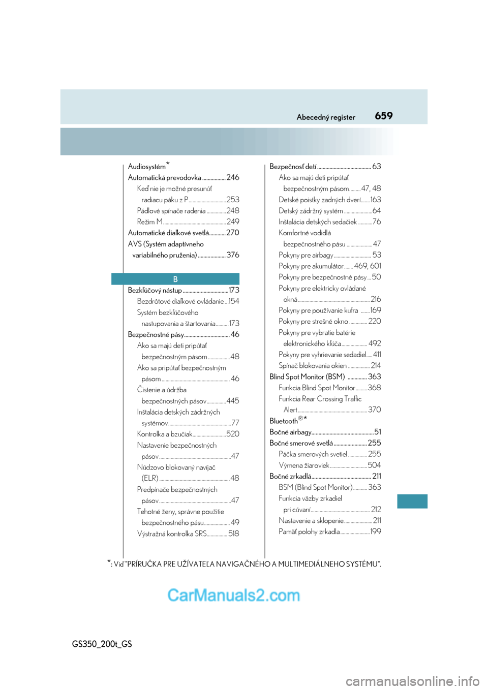 Lexus GS350 2017  Užívateľská príručka (in Slovak) 659Abecedný register
GS350_200t_GS
Audiosystém*
Automatická prevodovka ................. 246
Keď nie je možné presunúť 
radiacu páku z P ............................. 253
Pádlové spínače 
