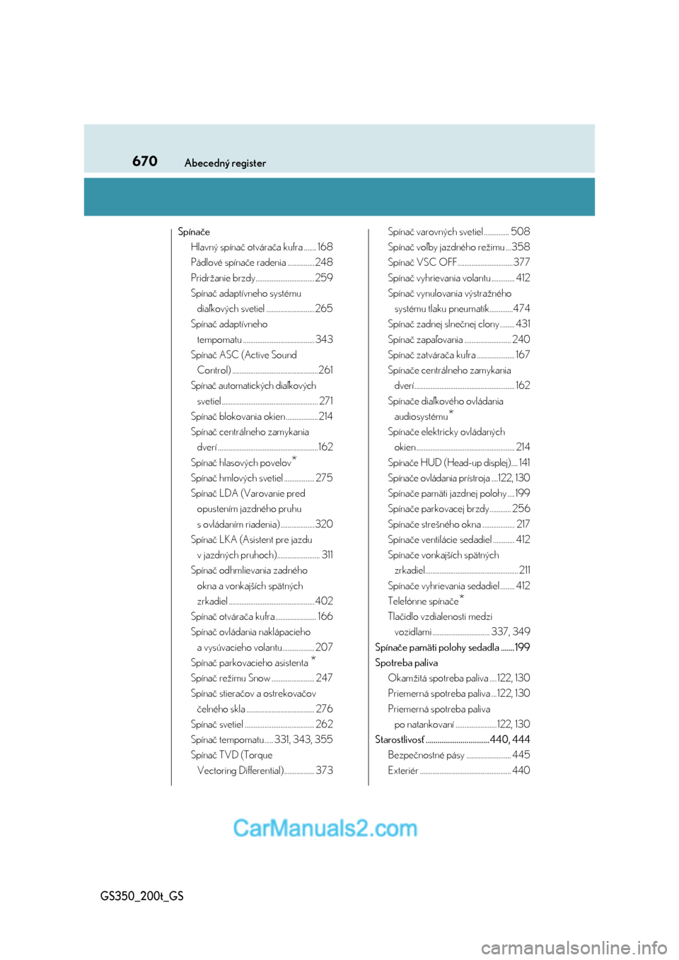 Lexus GS350 2017  Užívateľská príručka (in Slovak) 670Abecedný register
GS350_200t_GS
Spínače
Hlavný spínač otvárača kufra ....... 168
Pádlové spínače radenia ............... 248
Pridržanie brzdy.................................259
Spína