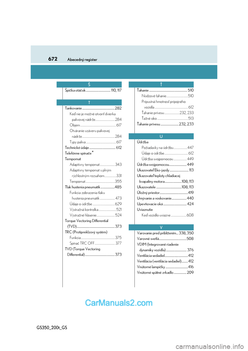 Lexus GS350 2017  Užívateľská príručka (in Slovak) 672Abecedný register
GS350_200t_GS
Špička otáčok................................... 110, 117
Tankovanie .............................................. 282
Keď nie je možné otvoriť dvierka 
pa