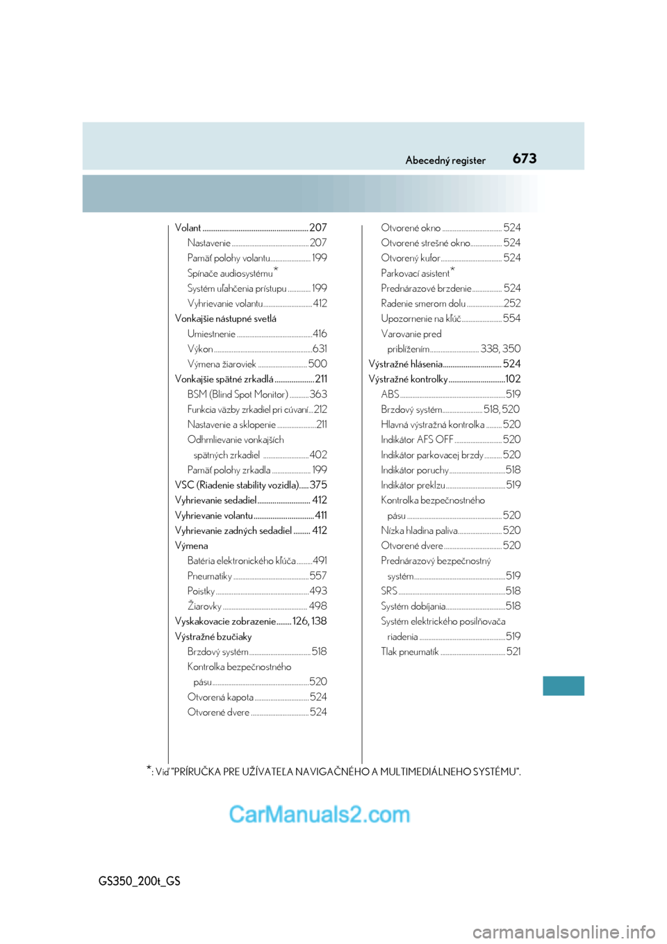 Lexus GS350 2017  Užívateľská príručka (in Slovak) 673Abecedný register
GS350_200t_GS
Volant ........................................................ 207
Nastavenie ............................................ 207
Pamäť polohy volantu..............