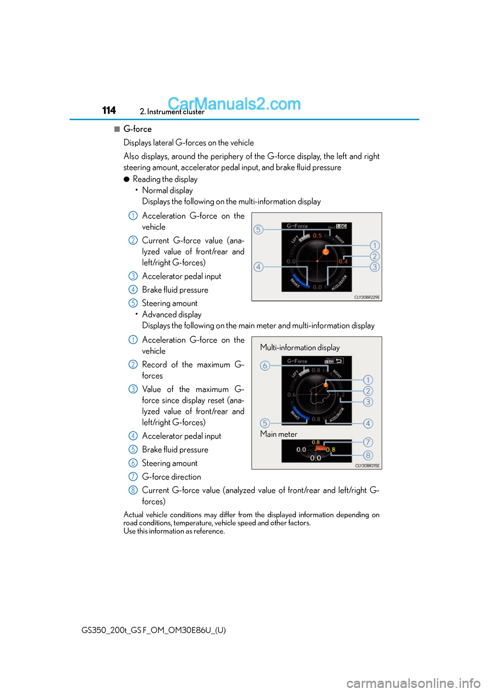 Lexus GS350 2016 Owners Manual 114
GS350_200t_GS F_OM_OM30E86U_(U)2. Instrument cluster
■G-force
Displays lateral G-forces on the vehicle
Also displays, around the periphery of the G-force display, the left and right
steering am Lexus GS350 2016 Owners Manual 114
GS350_200t_GS F_OM_OM30E86U_(U)2. Instrument cluster
■G-force
Displays lateral G-forces on the vehicle
Also displays, around the periphery of the G-force display, the left and right
steering am