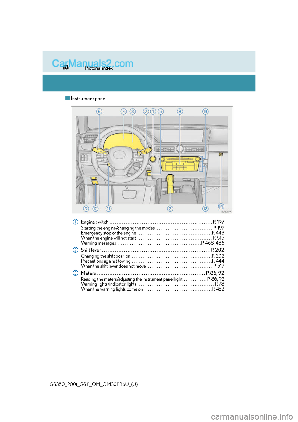 Lexus GS350 2016 User Guide 18Pictorial index
GS350_200t_GS F_OM_OM30E86U_(U)
■Instrument panel
Engine switch . . . . . . . . . . . . . . . . . . . . . . . . . . . . . . . . . . . . . . . . . . . . . . . . . . . . . . . . . P. Lexus GS350 2016 User Guide 18Pictorial index
GS350_200t_GS F_OM_OM30E86U_(U)
■Instrument panel
Engine switch . . . . . . . . . . . . . . . . . . . . . . . . . . . . . . . . . . . . . . . . . . . . . . . . . . . . . . . . . P.