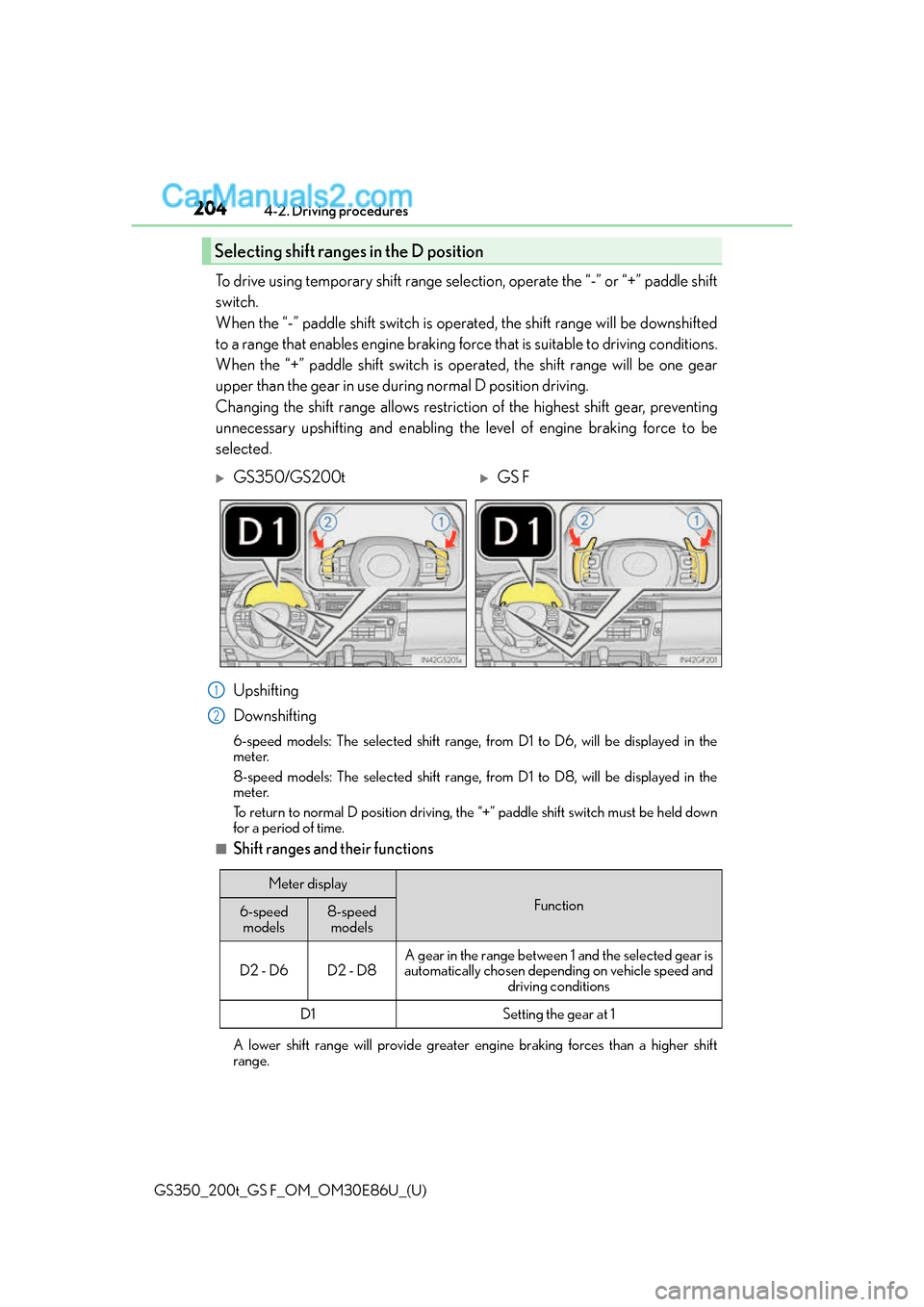 Lexus GS350 2016 Owners Manual 204
GS350_200t_GS F_OM_OM30E86U_(U)4-2. Driving procedures
To drive using temporary shift range select
ion, operate the “-” or “+” paddle shift
switch.
When the “-” paddle shift switch is Lexus GS350 2016 Owners Manual 204
GS350_200t_GS F_OM_OM30E86U_(U)4-2. Driving procedures
To drive using temporary shift range select
ion, operate the “-” or “+” paddle shift
switch.
When the “-” paddle shift switch is