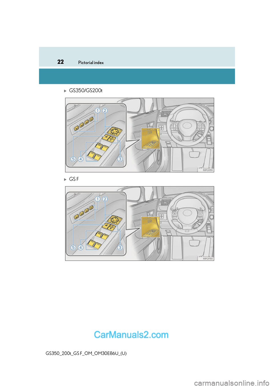 Lexus GS350 2016 Owners Guide 22Pictorial index
GS350_200t_GS F_OM_OM30E86U_(U)
GS350/GS200t
GS F  