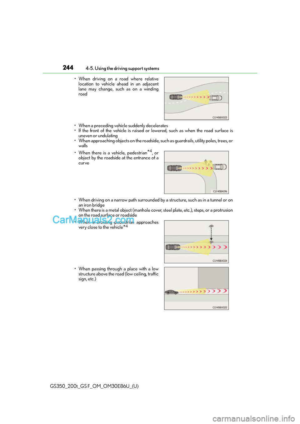 Lexus GS350 2016  Owners Manual 244
GS350_200t_GS F_OM_OM30E86U_(U)4-5. Using the driving support systems
• When a preceding vehicle suddenly decelerates
• If the front of the vehicle is raised or lowered, such as when the road 