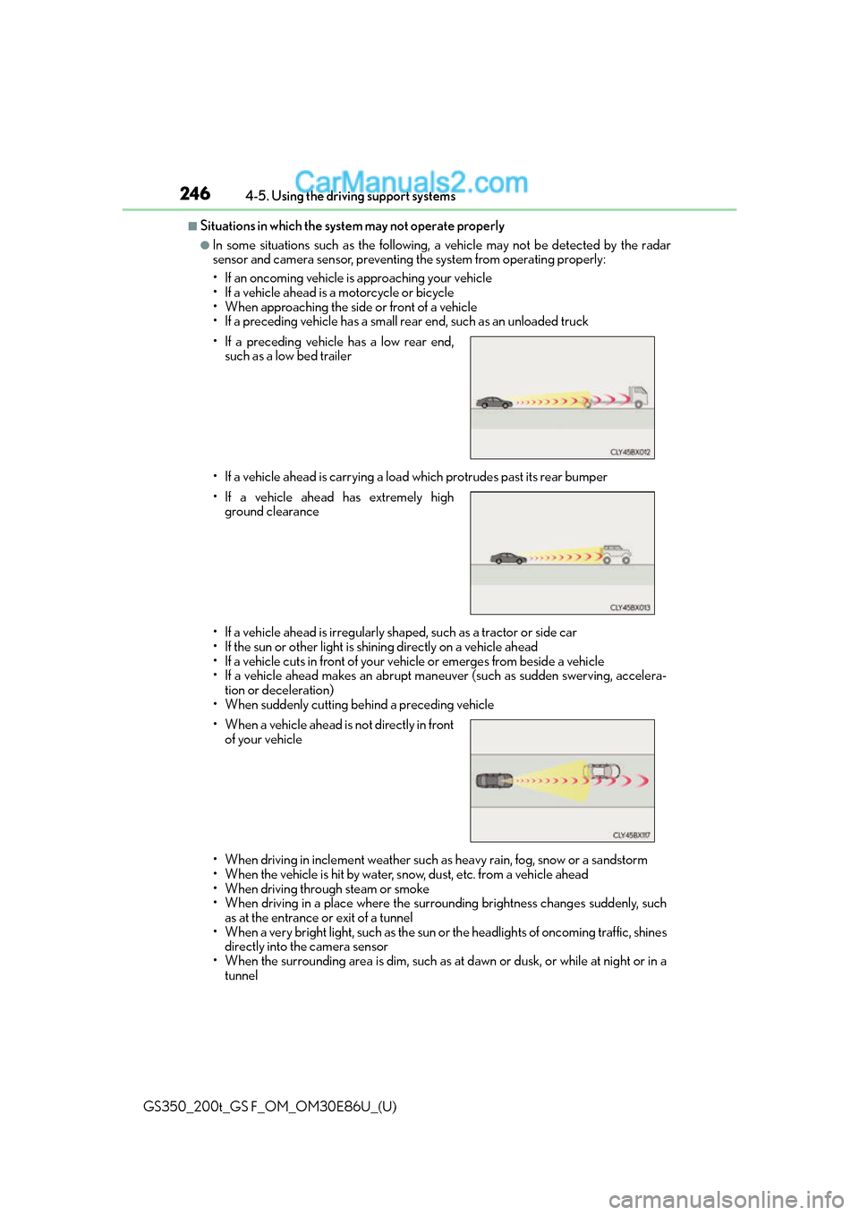 Lexus GS350 2016  Owners Manual 246
GS350_200t_GS F_OM_OM30E86U_(U)4-5. Using the driving support systems
■Situations in which the system may not operate properly
●In some situations such as the following, 
a vehicle may not be 