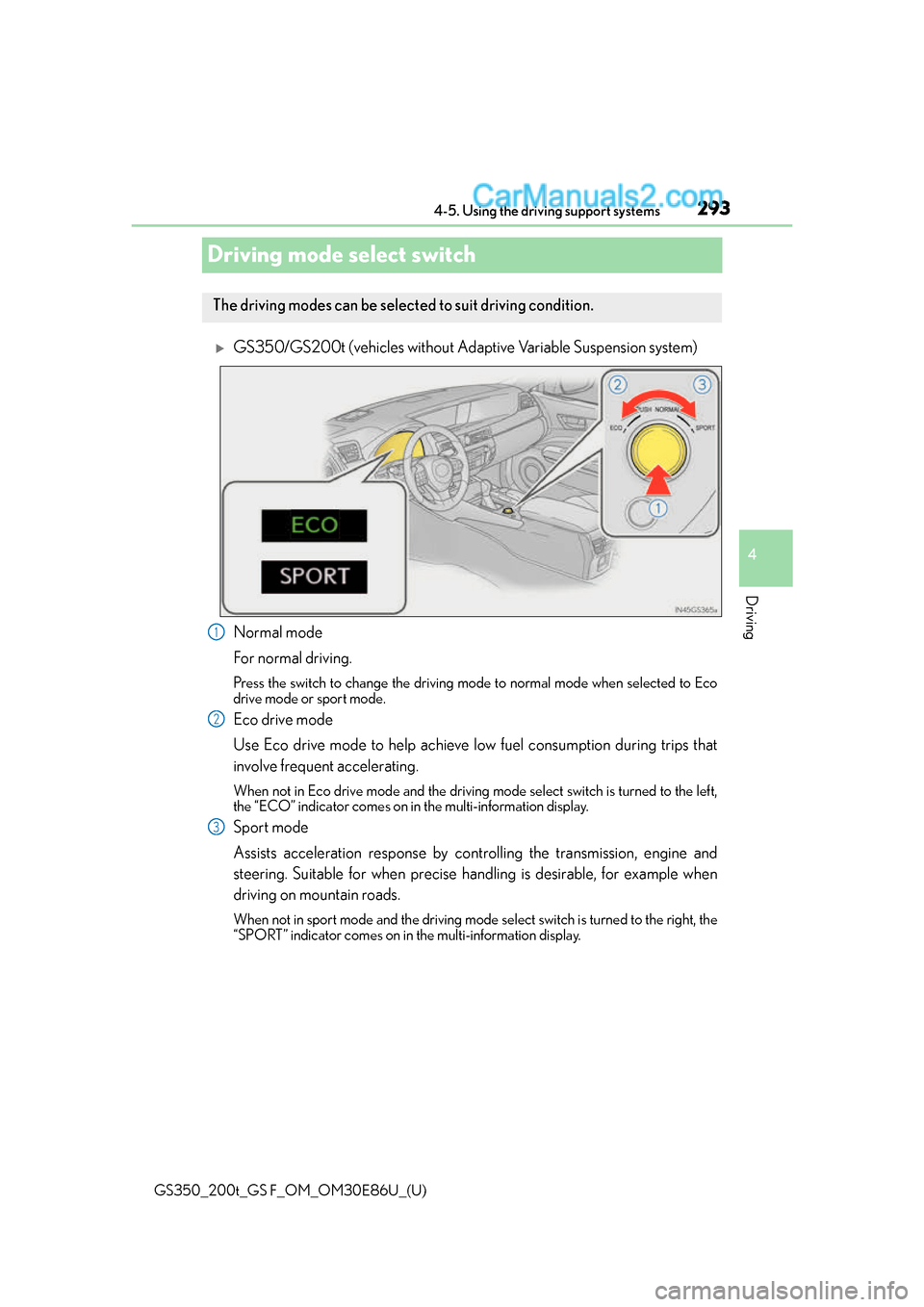 Lexus GS350 2016  Owners Manual 293
GS350_200t_GS F_OM_OM30E86U_(U)4-5. Using the driving support systems
4
Driving
Driving mode select switch
GS350/GS200t (vehicles without Adaptive Variable Suspension system)
Normal mode
For no