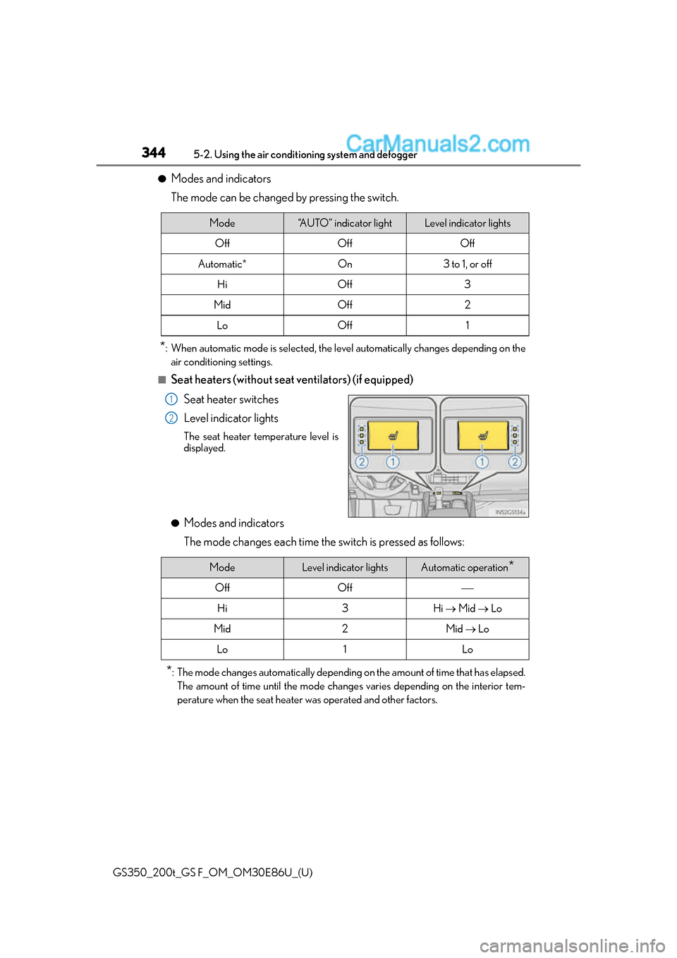 Lexus GS350 2016 Owners Manual 344
GS350_200t_GS F_OM_OM30E86U_(U)5-2. Using the air conditio
ning system and defogger
●Modes and indicators
The mode can be changed by pressing the switch.
*: When automatic mode is selected, the Lexus GS350 2016 Owners Manual 344
GS350_200t_GS F_OM_OM30E86U_(U)5-2. Using the air conditio
ning system and defogger
●Modes and indicators
The mode can be changed by pressing the switch.
*: When automatic mode is selected, the