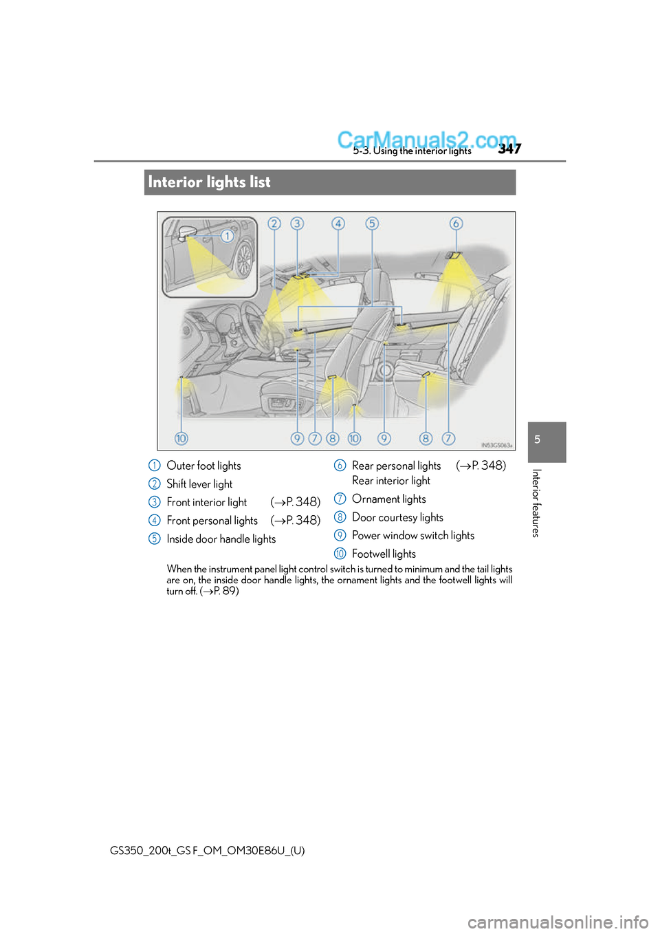 Lexus GS350 2016 Owners Manual 347
GS350_200t_GS F_OM_OM30E86U_(U)5-3. Using the interior lights
5
Interior features
Interior lights list
When the instrument panel light control switch is turned to minimum and the tail lights
are o Lexus GS350 2016 Owners Manual 347
GS350_200t_GS F_OM_OM30E86U_(U)5-3. Using the interior lights
5
Interior features
Interior lights list
When the instrument panel light control switch is turned to minimum and the tail lights
are o