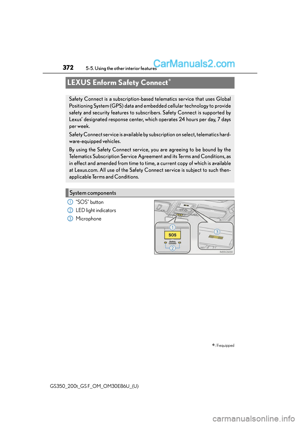 Lexus GS350 2016 Owners Manual 372
GS350_200t_GS F_OM_OM30E86U_(U)5-5. Using the other interior features
LEXUS Enform Safety Connect
“SOS” button
LED light indicators
Microphone
: If equipped
Safety Connect is a subscript Lexus GS350 2016 Owners Manual 372
GS350_200t_GS F_OM_OM30E86U_(U)5-5. Using the other interior features
LEXUS Enform Safety Connect
“SOS” button
LED light indicators
Microphone
: If equipped
Safety Connect is a subscript