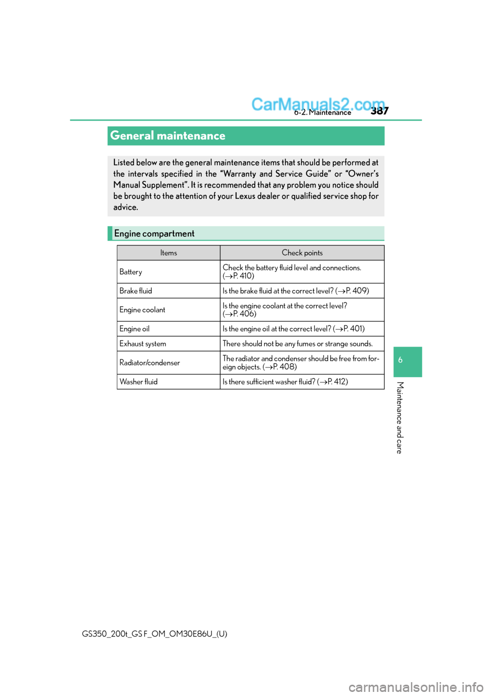 Lexus GS350 2016  Owners Manual 387
GS350_200t_GS F_OM_OM30E86U_(U)6-2. Maintenance
6
Maintenance and care
General maintenance
Listed below are the general maintenance items that should be performed at
the intervals specified in the