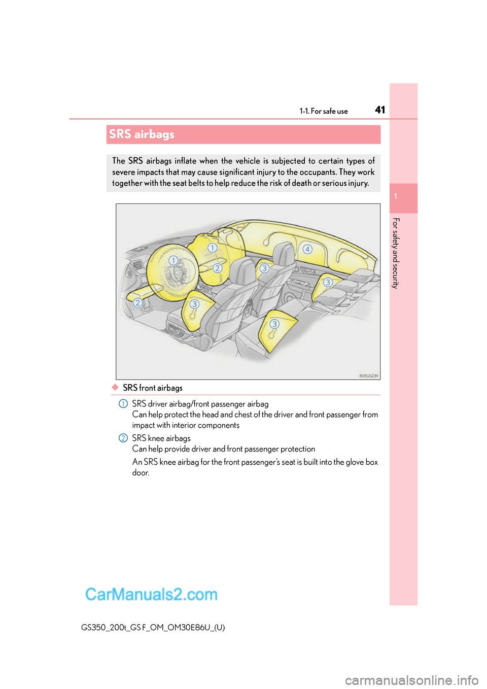 Lexus GS350 2016 Service Manual 411-1. For safe use
GS350_200t_GS F_OM_OM30E86U_(U)
1
For safety and security
SRS airbags
◆SRS front airbags SRS driver airbag/front passenger airbag
Can help protect the head and chest of the drive Lexus GS350 2016 Service Manual 411-1. For safe use
GS350_200t_GS F_OM_OM30E86U_(U)
1
For safety and security
SRS airbags
◆SRS front airbags SRS driver airbag/front passenger airbag
Can help protect the head and chest of the drive