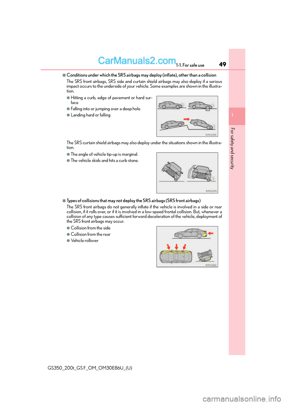Lexus GS350 2016 Service Manual 491-1. For safe use
GS350_200t_GS F_OM_OM30E86U_(U)
1
For safety and security
■Conditions under which the SRS airbags may deploy (inflate), other than a collision
The SRS front airbags, SRS side a Lexus GS350 2016 Service Manual 491-1. For safe use
GS350_200t_GS F_OM_OM30E86U_(U)
1
For safety and security
■Conditions under which the SRS airbags may deploy (inflate), other than a collision
The SRS front airbags, SRS side a