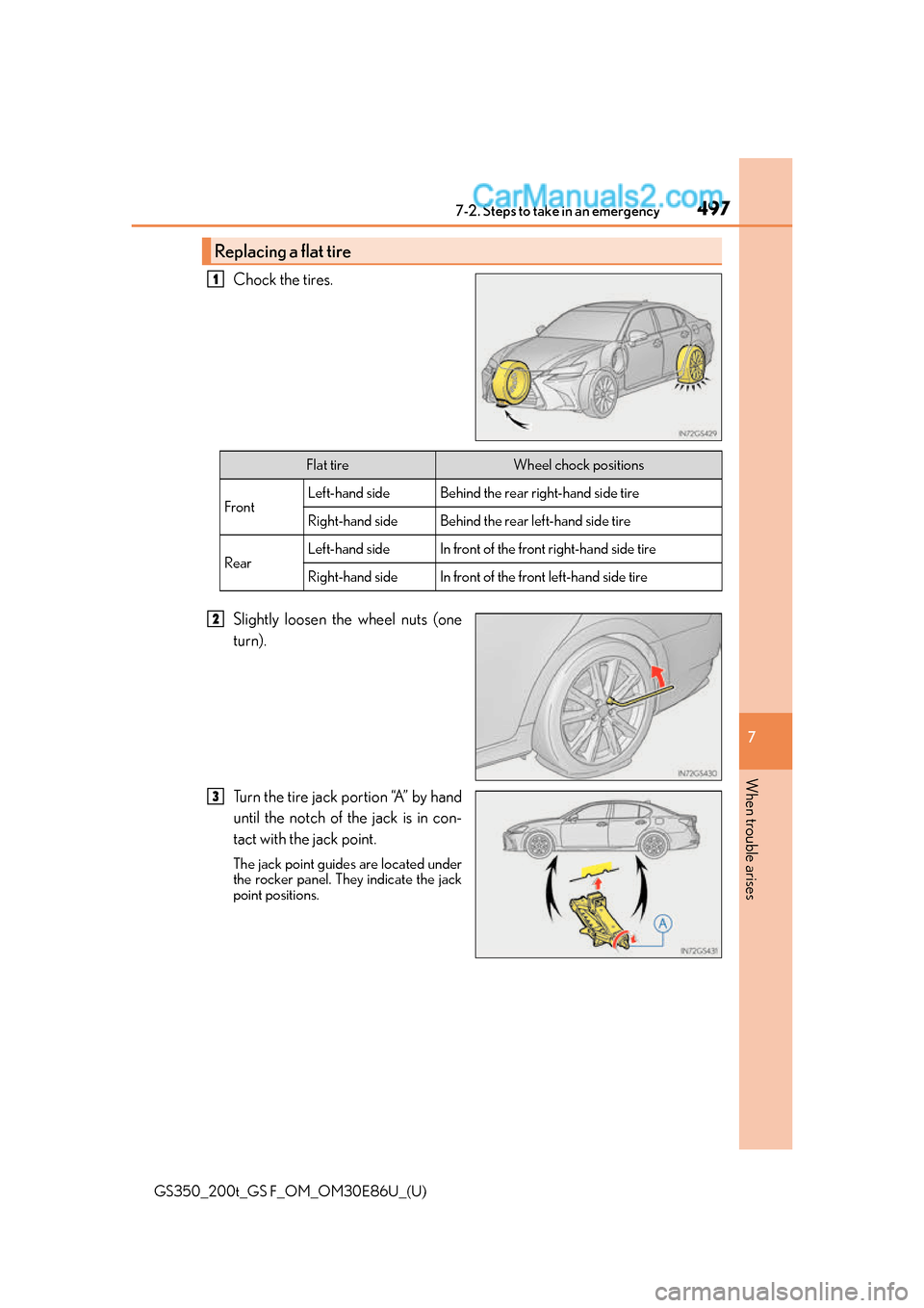 Lexus GS350 2016 Owners Manual 4977-2. Steps to take in an emergency
GS350_200t_GS F_OM_OM30E86U_(U)
7
When trouble arises
Chock the tires.
Slightly loosen the wheel nuts (one
turn).
Turn the tire jack portion “A” by hand
until Lexus GS350 2016 Owners Manual 4977-2. Steps to take in an emergency
GS350_200t_GS F_OM_OM30E86U_(U)
7
When trouble arises
Chock the tires.
Slightly loosen the wheel nuts (one
turn).
Turn the tire jack portion “A” by hand
until