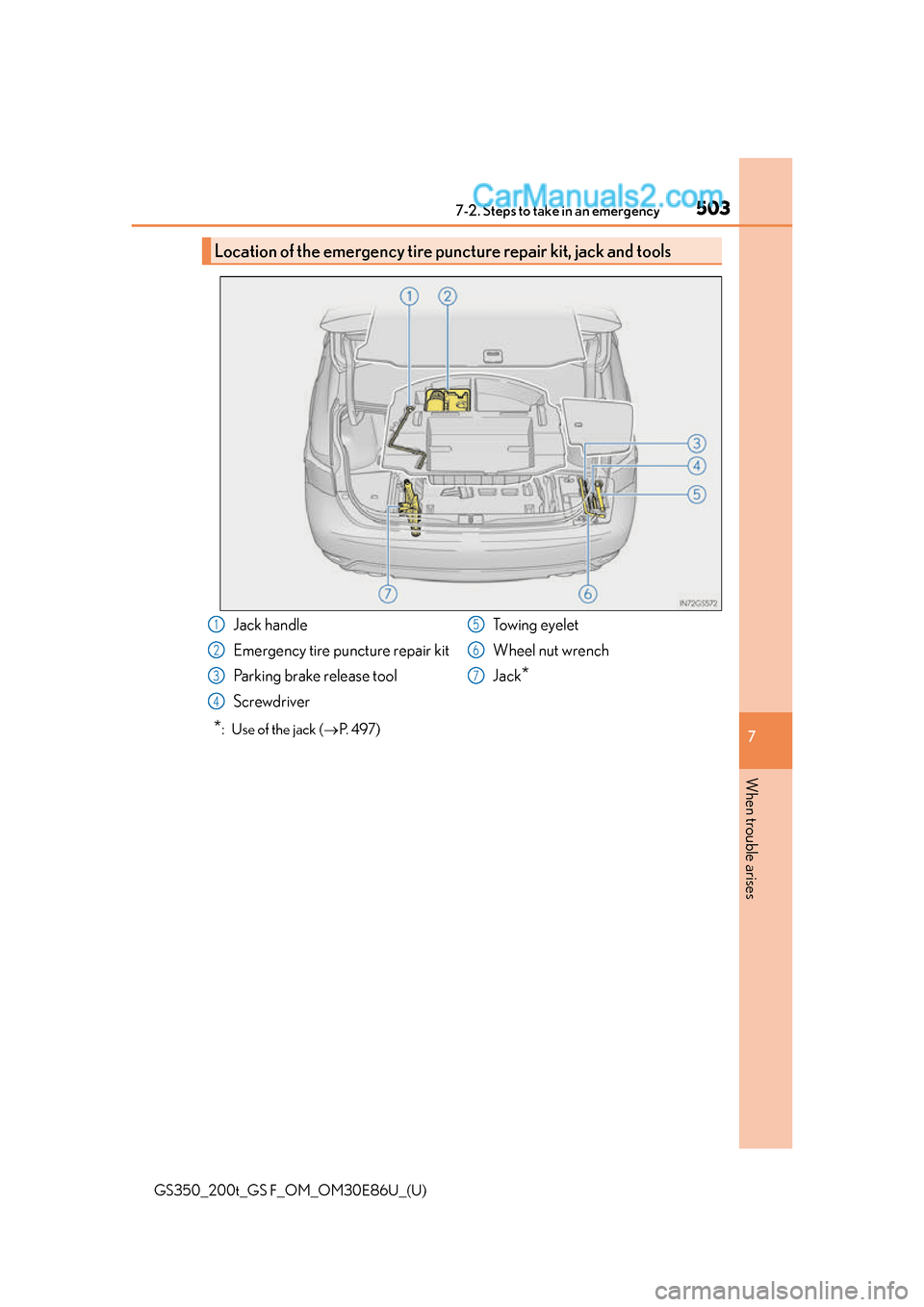 Lexus GS350 2016 Owners Manual 5037-2. Steps to take in an emergency
GS350_200t_GS F_OM_OM30E86U_(U)
7
When trouble arises
*: Use of the jack ( P. 4 9 7 )
Location of the emergency tire puncture repair kit, jack and tools
Jac Lexus GS350 2016 Owners Manual 5037-2. Steps to take in an emergency
GS350_200t_GS F_OM_OM30E86U_(U)
7
When trouble arises
*: Use of the jack ( P. 4 9 7 )
Location of the emergency tire puncture repair kit, jack and tools
Jac