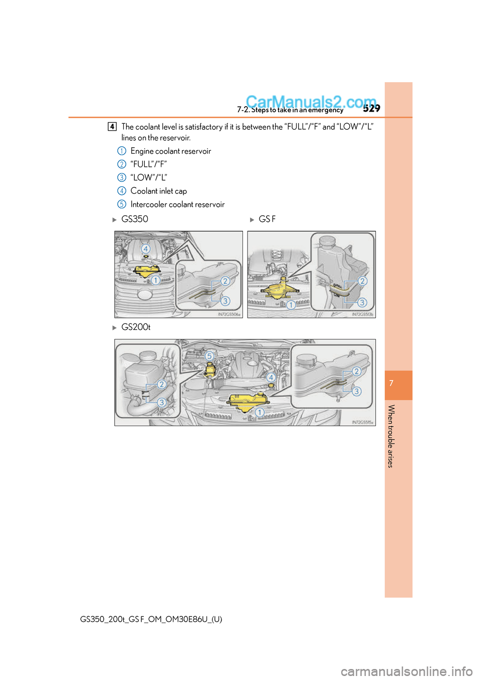 Lexus GS350 2016 Owners Manual 5297-2. Steps to take in an emergency
GS350_200t_GS F_OM_OM30E86U_(U)
7
When trouble arises
The coolant level is satisfactory if it is between the “FULL”/“F” and “LOW”/“L”
lines on the Lexus GS350 2016 Owners Manual 5297-2. Steps to take in an emergency
GS350_200t_GS F_OM_OM30E86U_(U)
7
When trouble arises
The coolant level is satisfactory if it is between the “FULL”/“F” and “LOW”/“L”
lines on the