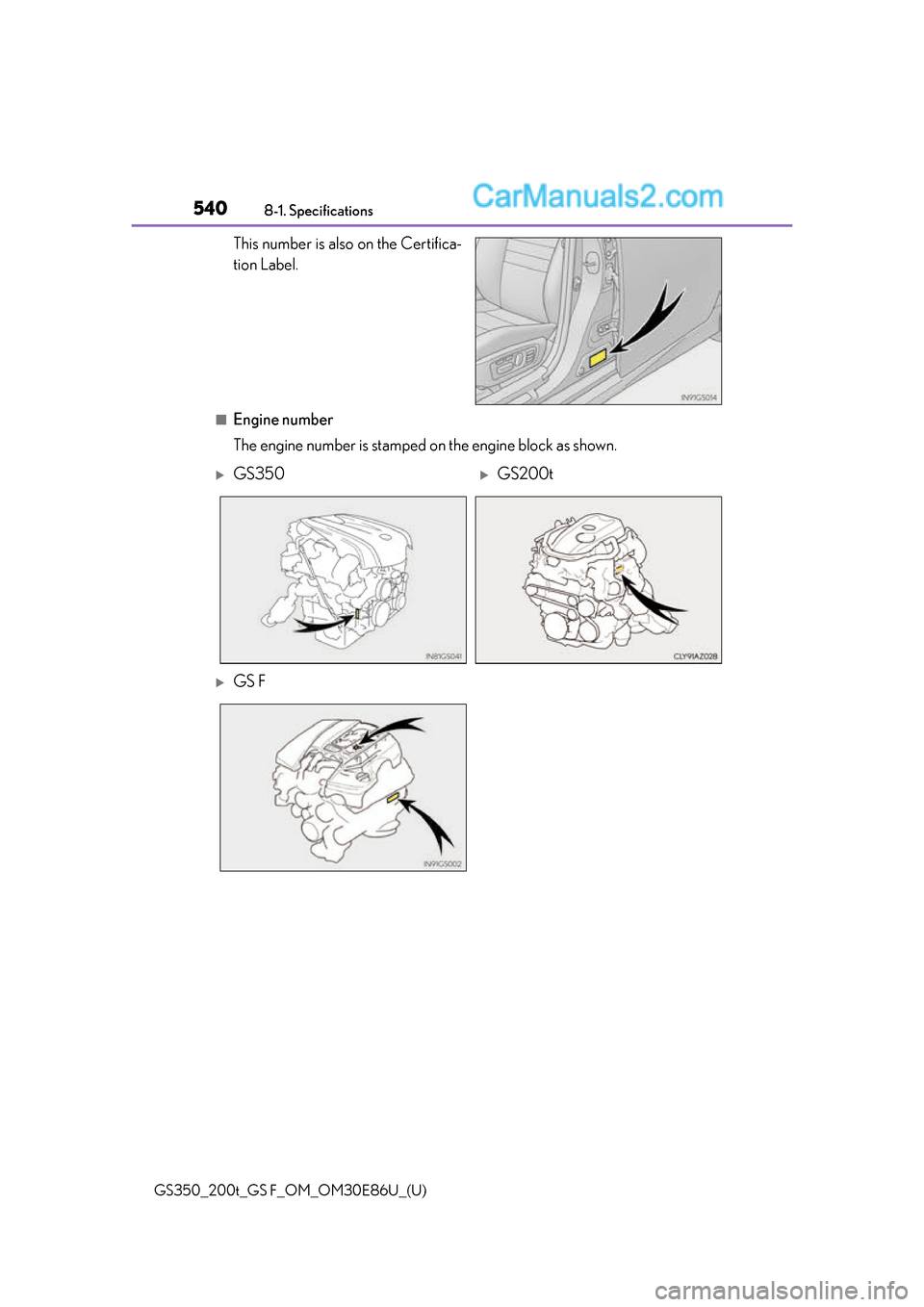 Lexus GS350 2016  Owners Manual 540
GS350_200t_GS F_OM_OM30E86U_(U)8-1. Specifications
This number is also on the Certifica-
tion Label.
■Engine number
The engine number is stamped on the engine block as shown.
GS350GS200t
