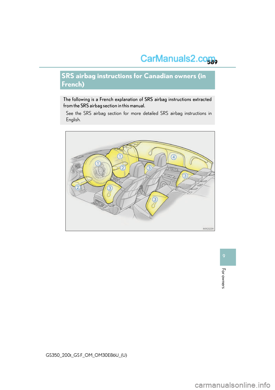 Lexus GS350 2016 Owners Manual 589
GS350_200t_GS F_OM_OM30E86U_(U)
9
For owners
SRS airbag instructions for Canadian owners (in
French)
The following is a French explanation of SRS airbag instructions extracted
from the SRS airbag Lexus GS350 2016 Owners Manual 589
GS350_200t_GS F_OM_OM30E86U_(U)
9
For owners
SRS airbag instructions for Canadian owners (in
French)
The following is a French explanation of SRS airbag instructions extracted
from the SRS airbag