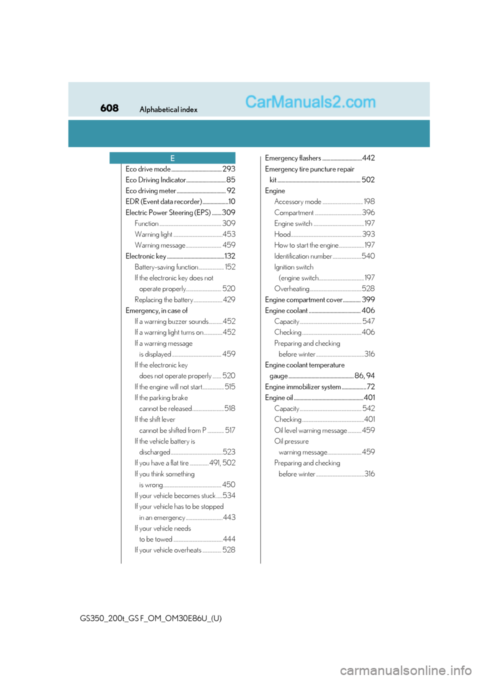 Lexus GS350 2016  Owners Manual 608Alphabetical index
GS350_200t_GS F_OM_OM30E86U_(U)
Eco drive mode ..................................... 293
Eco Driving Indicator............................. 85
Eco driving meter .................