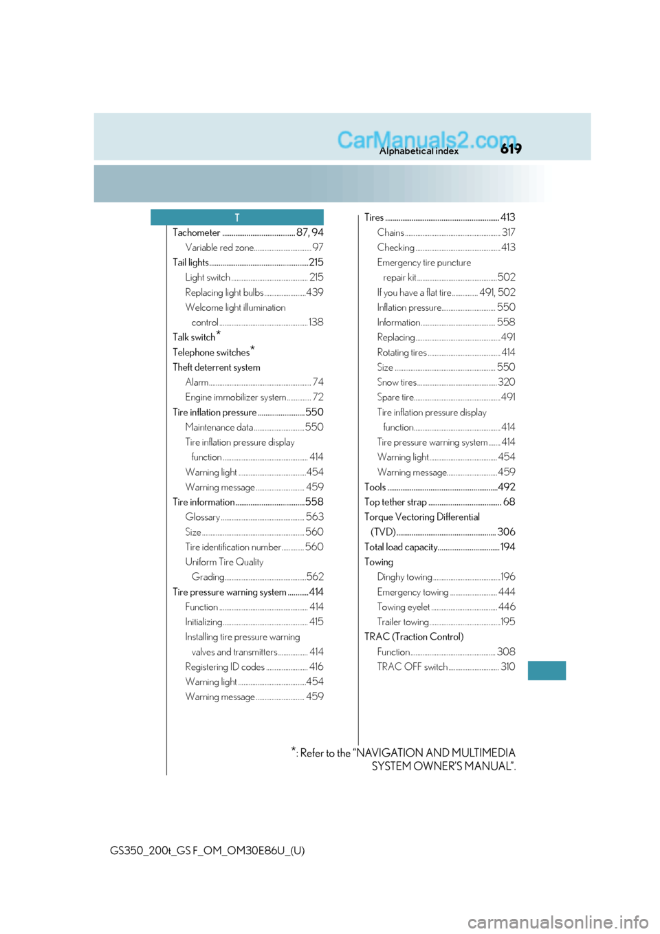 Lexus GS350 2016  Owners Manual 619Alphabetical index
GS350_200t_GS F_OM_OM30E86U_(U)
Tachometer ....................................... 87, 94Variable red zone................................. 97
Tail lights........................