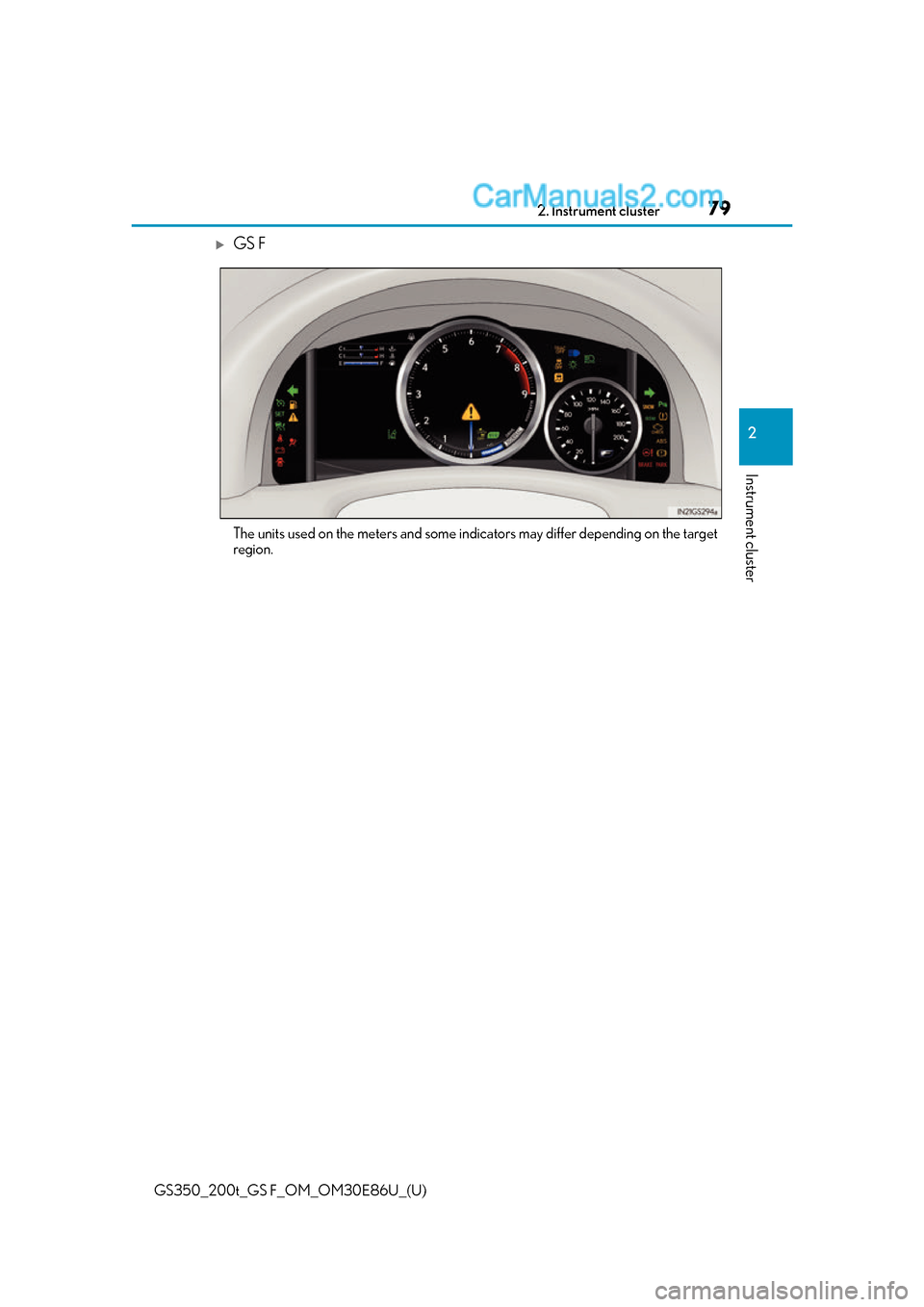 Lexus GS350 2016 Manual PDF GS350_200t_GS F_OM_OM30E86U_(U)
792. Instrument cluster
2
Instrument cluster
GS F
The units used on the meters and some indicators may differ depending on the target
region. Lexus GS350 2016 Manual PDF GS350_200t_GS F_OM_OM30E86U_(U)
792. Instrument cluster
2
Instrument cluster
GS F
The units used on the meters and some indicators may differ depending on the target
region.
