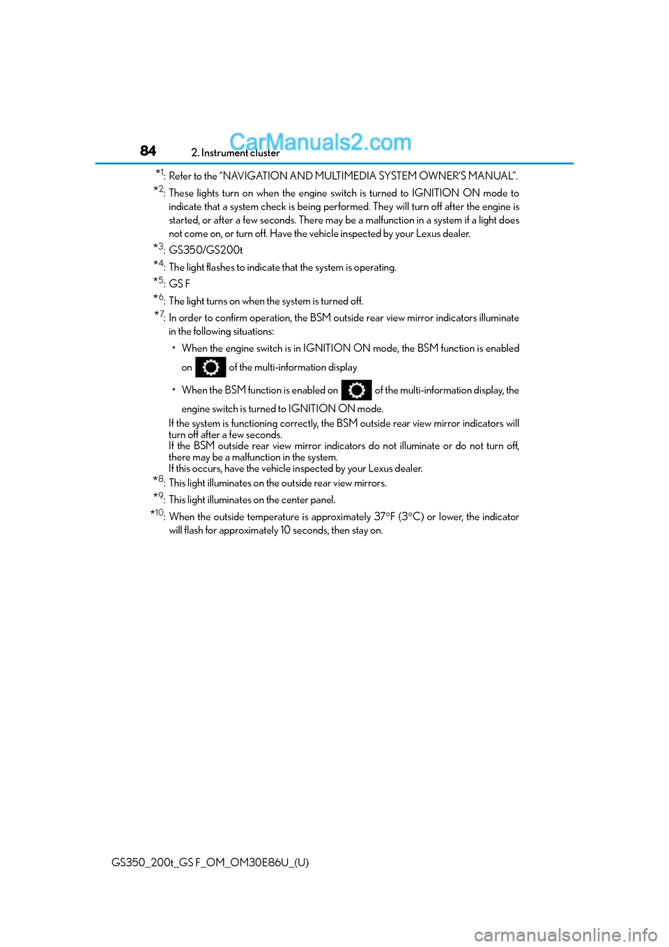 Lexus GS350 2016  Owners Manual 84
GS350_200t_GS F_OM_OM30E86U_(U)2. Instrument cluster
*1: Refer to the “NAVIGATION AND MULTIMEDIA SYSTEM OWNER’S MANUAL”.
*2: These lights turn on when the engine switch is turned to IGNITION 