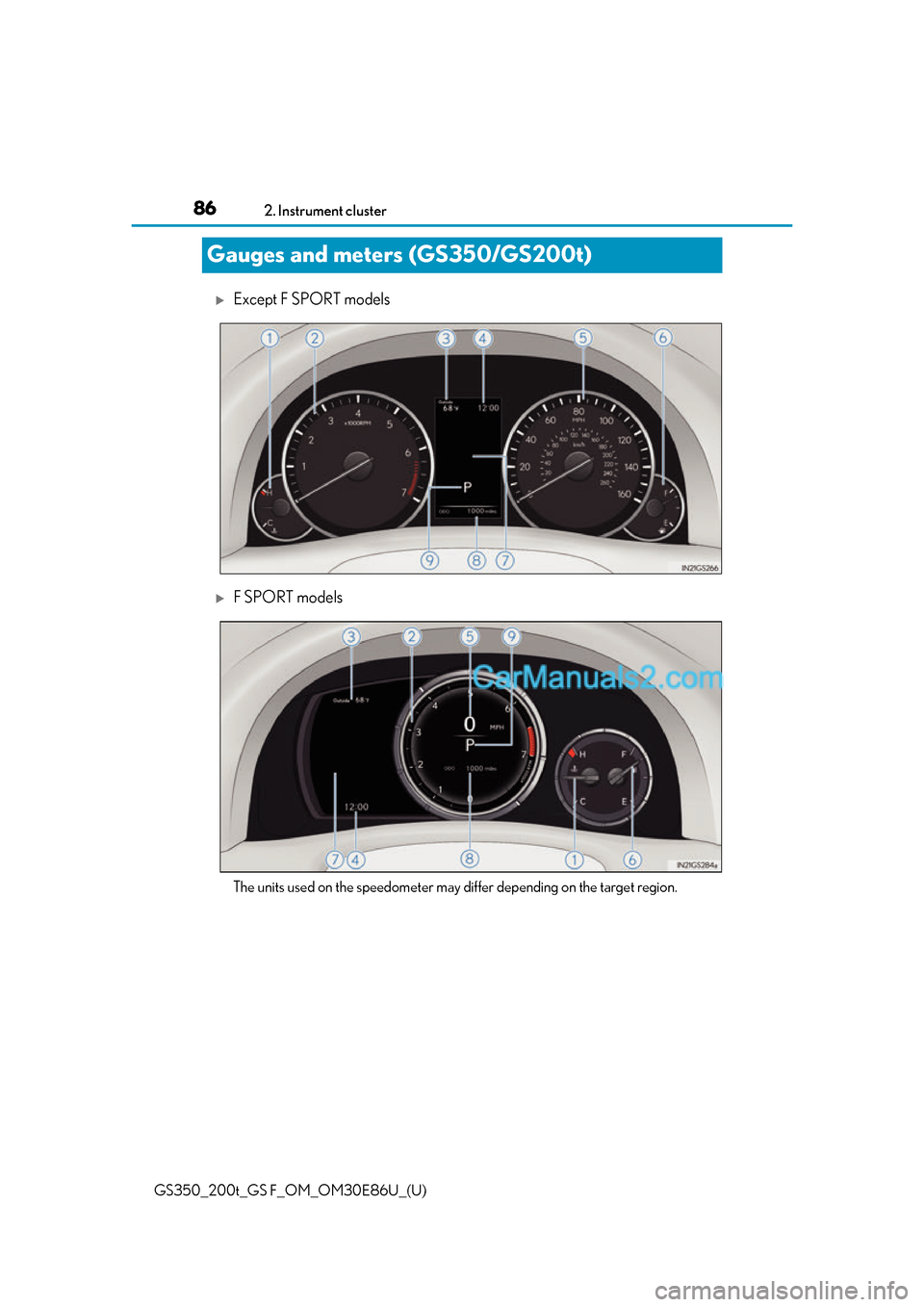 Lexus GS350 2016 Manual Online 86
GS350_200t_GS F_OM_OM30E86U_(U)2. Instrument cluster
Gauges and meters (GS350/GS200t)
Except F SPORT models
F SPORT models
The units used on the speedometer may differ depending on the target Lexus GS350 2016 Manual Online 86
GS350_200t_GS F_OM_OM30E86U_(U)2. Instrument cluster
Gauges and meters (GS350/GS200t)
Except F SPORT models
F SPORT models
The units used on the speedometer may differ depending on the target