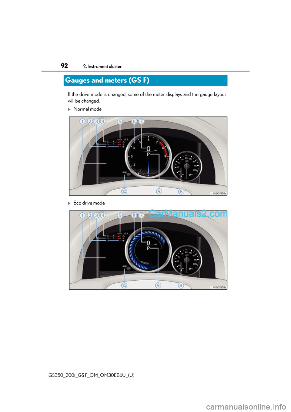 Lexus GS350 2016 Owners Manual 92
GS350_200t_GS F_OM_OM30E86U_(U)2. Instrument cluster
Gauges and meters (GS F)
If the drive mode is changed, some of
the meter displays and the gauge layout
will be changed.
Normal mode
Eco d Lexus GS350 2016 Owners Manual 92
GS350_200t_GS F_OM_OM30E86U_(U)2. Instrument cluster
Gauges and meters (GS F)
If the drive mode is changed, some of
the meter displays and the gauge layout
will be changed.
Normal mode
Eco d