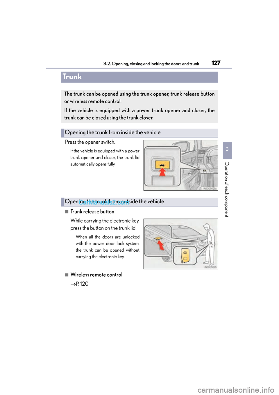 Lexus GS350 2015  Owners Manual 127
GS350_OM_OM30F69U_(U)3-2. Opening, closing and locking the doors and trunk
3
Operation of each component
Trunk
Press the opener switch.
If the vehicle is equipped with a power
trunk opener and clo