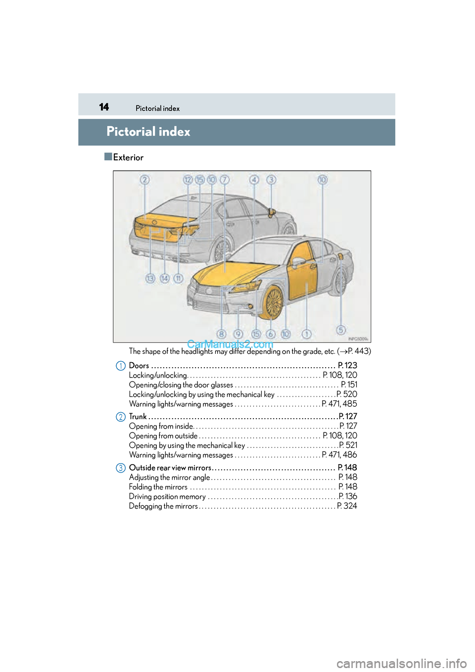 Lexus GS350 2015 User Guide 14Pictorial index
GS350_OM_OM30F69U_(U)
Pictorial index
■Exterior
The shape of the headlights may differ depending on the grade, etc. (→P. 4 4 3 )
Doors . . . . . . . . . . . . . . . . . . . . . Lexus GS350 2015 User Guide 14Pictorial index
GS350_OM_OM30F69U_(U)
Pictorial index
■Exterior
The shape of the headlights may differ depending on the grade, etc. (→P. 4 4 3 )
Doors . . . . . . . . . . . . . . . . . . . . .