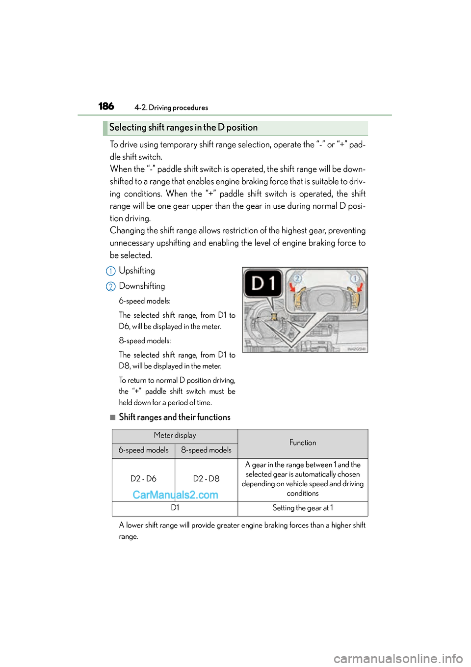 Lexus GS350 2015 Owners Manual 186
GS350_OM_OM30F69U_(U)
4-2. Driving procedures
To drive using temporary shift range selection, operate the “-” or “+” pad-
dle shift switch.
When the “-” paddle shift switch is operate Lexus GS350 2015 Owners Manual 186
GS350_OM_OM30F69U_(U)
4-2. Driving procedures
To drive using temporary shift range selection, operate the “-” or “+” pad-
dle shift switch.
When the “-” paddle shift switch is operate