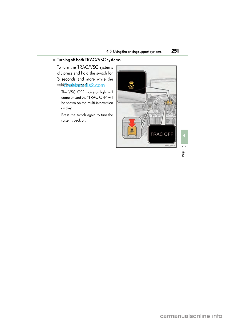 Lexus GS350 2015 Owners Manual GS350_OM_OM30F69U_(U)
2514-5. Using the driving support systems
4
Driving
■Turning off both TRAC/VSC systems
To turn the TRAC/VSC systems
off, press and hold the switch for
3 seconds and more while Lexus GS350 2015 Owners Manual GS350_OM_OM30F69U_(U)
2514-5. Using the driving support systems
4
Driving
■Turning off both TRAC/VSC systems
To turn the TRAC/VSC systems
off, press and hold the switch for
3 seconds and more while