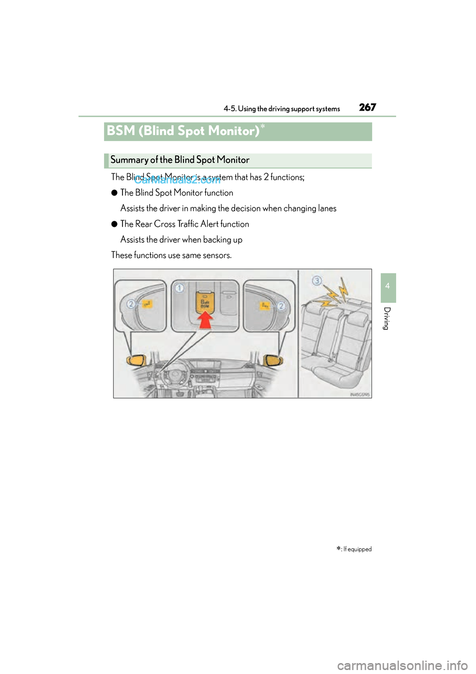 Lexus GS350 2015 Owners Manual 267
GS350_OM_OM30F69U_(U)4-5. Using the driving support systems
4
Driving
BSM (Blind Spot Monitor)∗
The Blind Spot Monitor is a system that has 2 functions;
●The Blind Spot Monitor function
Assist Lexus GS350 2015 Owners Manual 267
GS350_OM_OM30F69U_(U)4-5. Using the driving support systems
4
Driving
BSM (Blind Spot Monitor)∗
The Blind Spot Monitor is a system that has 2 functions;
●The Blind Spot Monitor function
Assist