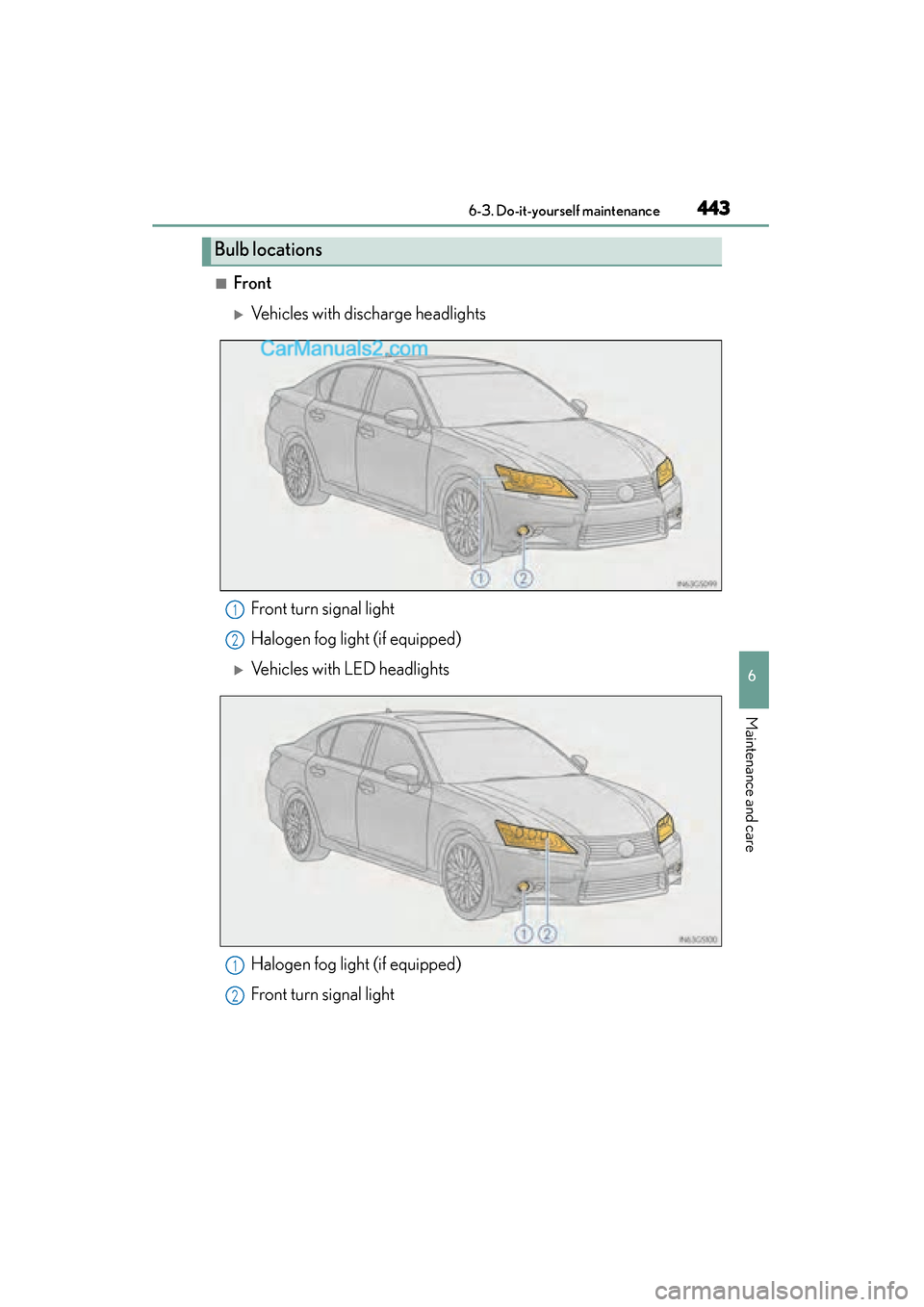Lexus GS350 2015  Owners Manual GS350_OM_OM30F69U_(U)
4436-3. Do-it-yourself maintenance
6
Maintenance and care
■Front
�XVehicles with discharge headlights
Front turn signal light
Halogen fog light (if equipped)
�XVehicles with LE