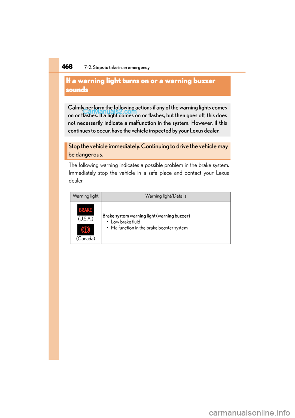 Lexus GS350 2015 Owners Manual 468
GS350_OM_OM30F69U_(U)
7-2. Steps to take in an emergency
If a warning light turns on or a warning buzzer
sounds
The following warning indicates a possible problem in the brake system.
Immediately Lexus GS350 2015 Owners Manual 468
GS350_OM_OM30F69U_(U)
7-2. Steps to take in an emergency
If a warning light turns on or a warning buzzer
sounds
The following warning indicates a possible problem in the brake system.
Immediately